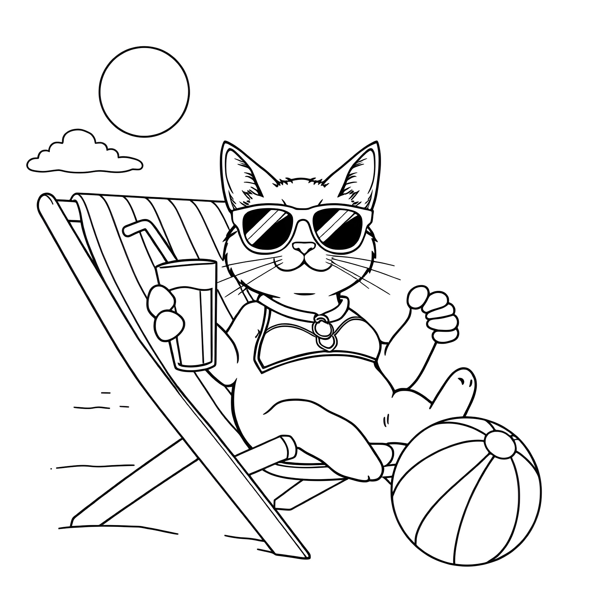 Cat relaxing in beach chair on summer day Coloring Page (free black-and-white line drawing printable PDF for all, from beginners to advanced learners, including children, teens, adults, and seniors)