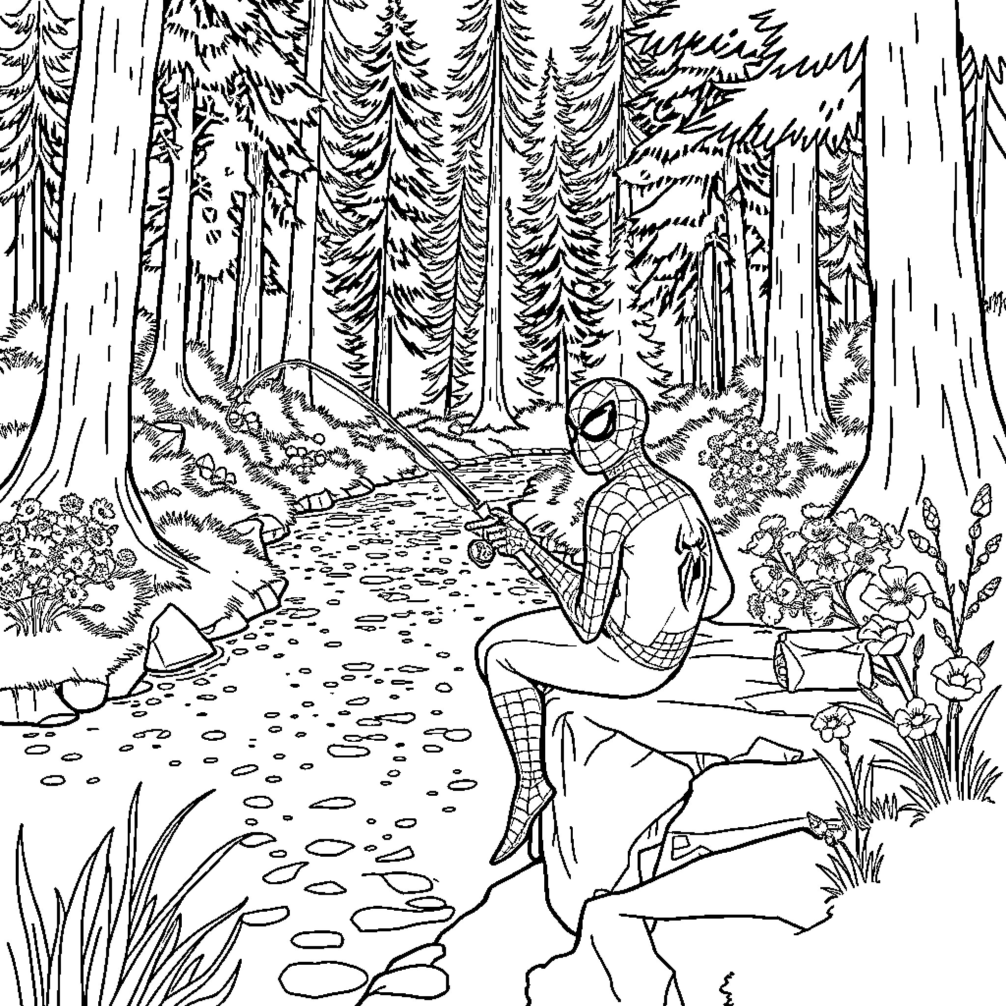 Spider-Man enjoying serene nature in forest scene Coloring Page (free black-and-white line drawing printable PDF for all, from beginners to advanced learners, including children, teens, adults, and seniors)