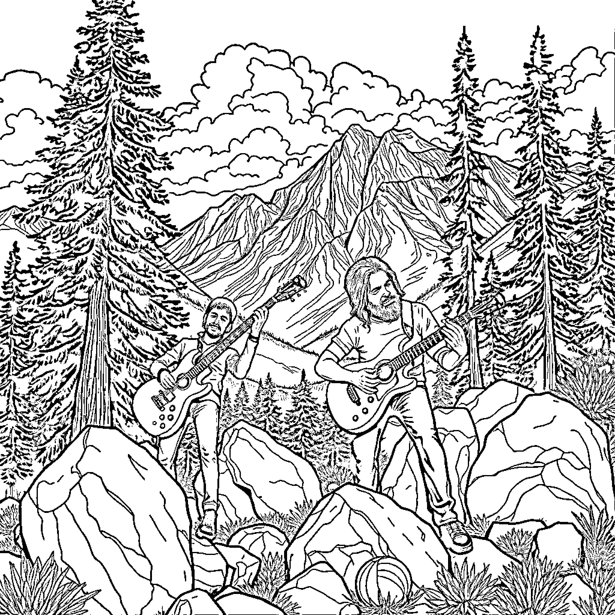 Trey Anastasio performing in a serene mountain landscape Coloring Page (free black-and-white line drawing printable PDF for all, from beginners to advanced learners, including children, teens, adults, and seniors)