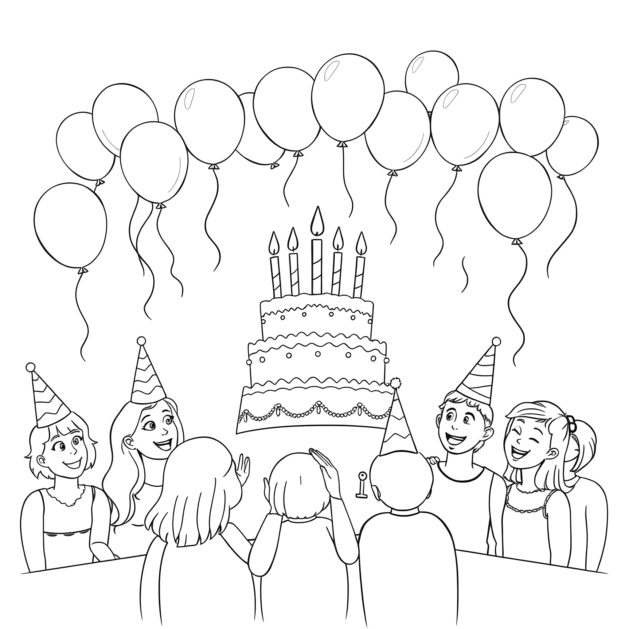 Birthday celebration with people and cake Coloring Page (free black-and-white line drawing printable PDF for all, from beginners to advanced learners, including children, teens, adults, and seniors)