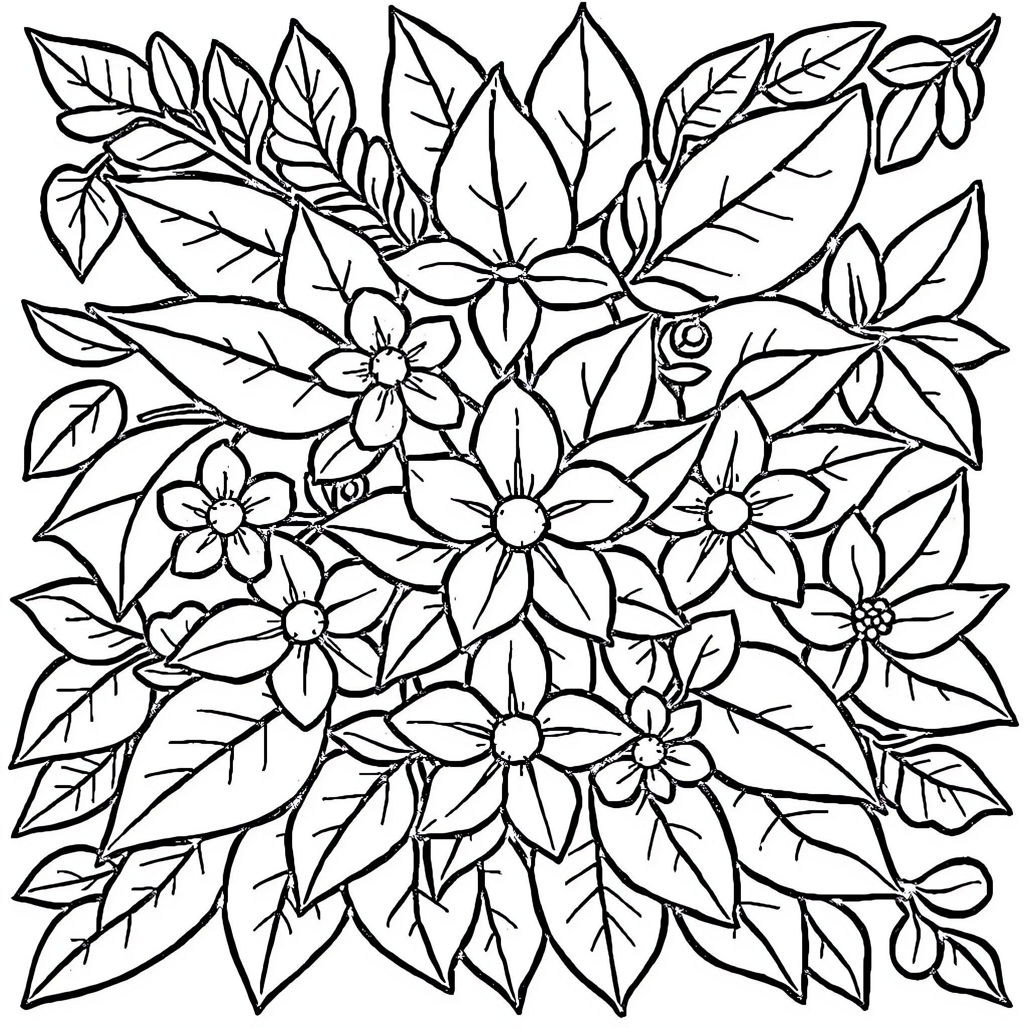 Leaf floral design with blossoms Coloring Page (free black-and-white line drawing printable PDF for all, from beginners to advanced learners, including children, teens, adults, and seniors)