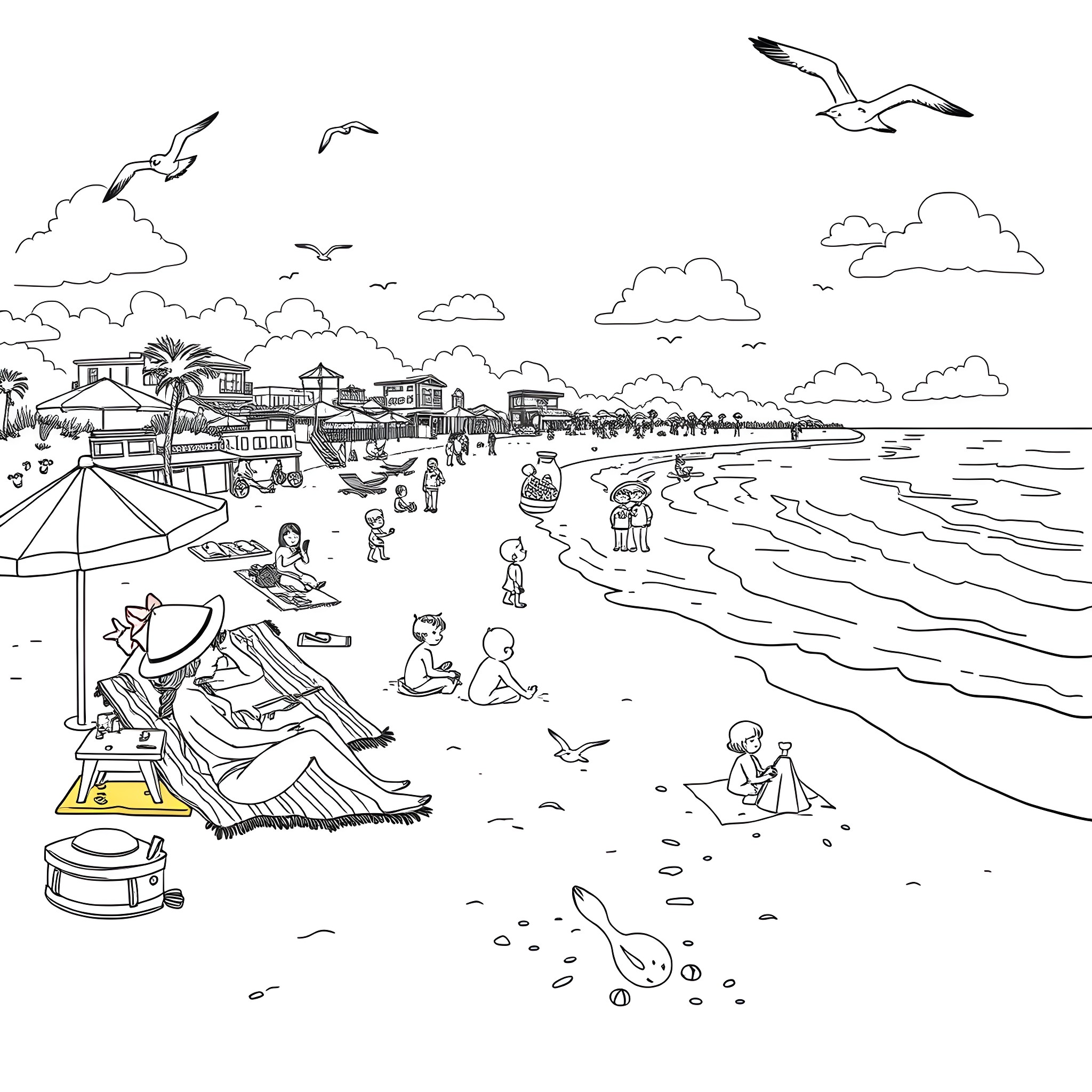 Beach scene with people relaxing and enjoying the day Coloring Page (free black-and-white line drawing printable PDF for all, from beginners to advanced learners, including children, teens, adults, and seniors)