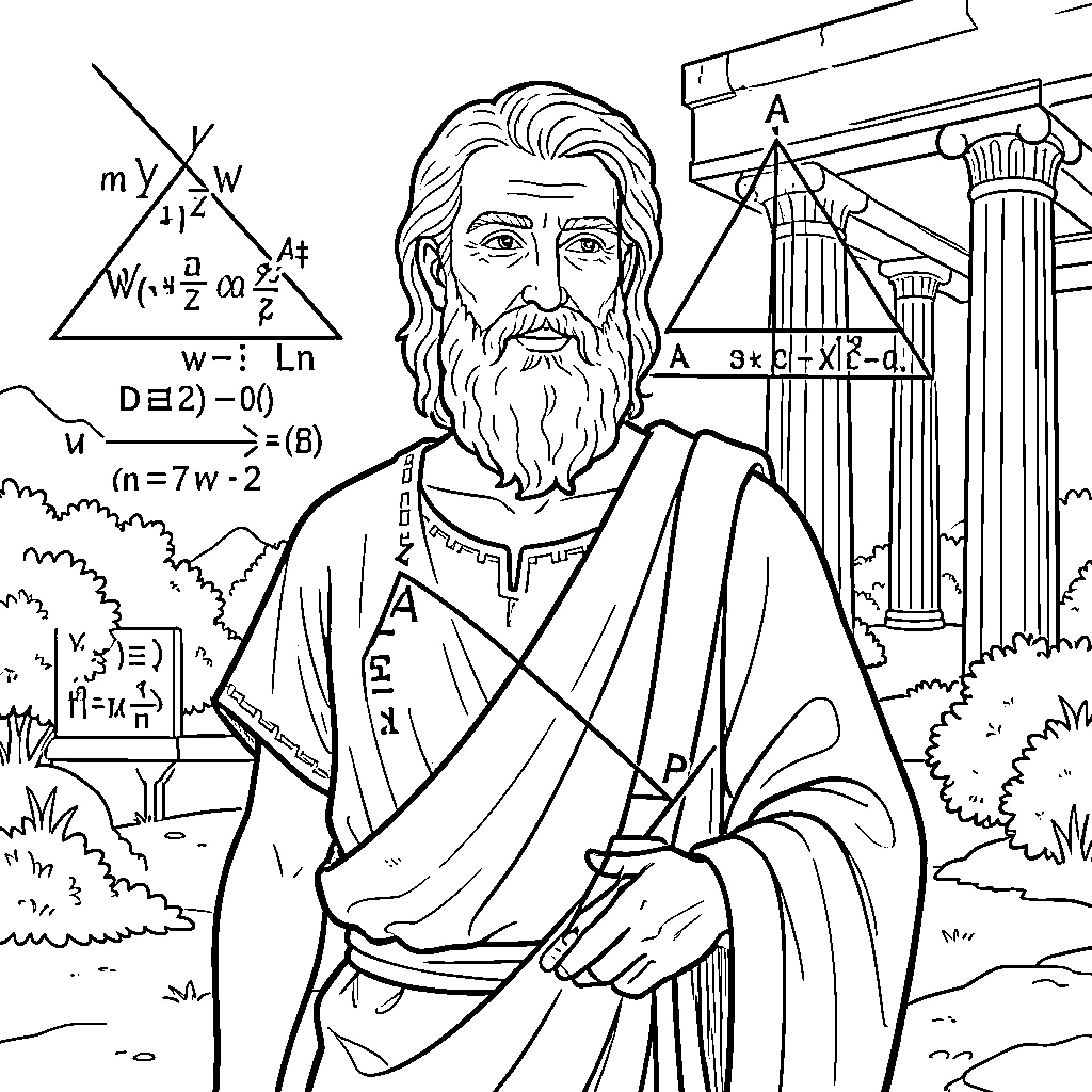 Pythagoras contemplating mathematical formulas amidst ancient Greek architecture Coloring Page (free black-and-white line drawing printable PDF for all, from beginners to advanced learners, including children, teens, adults, and seniors)