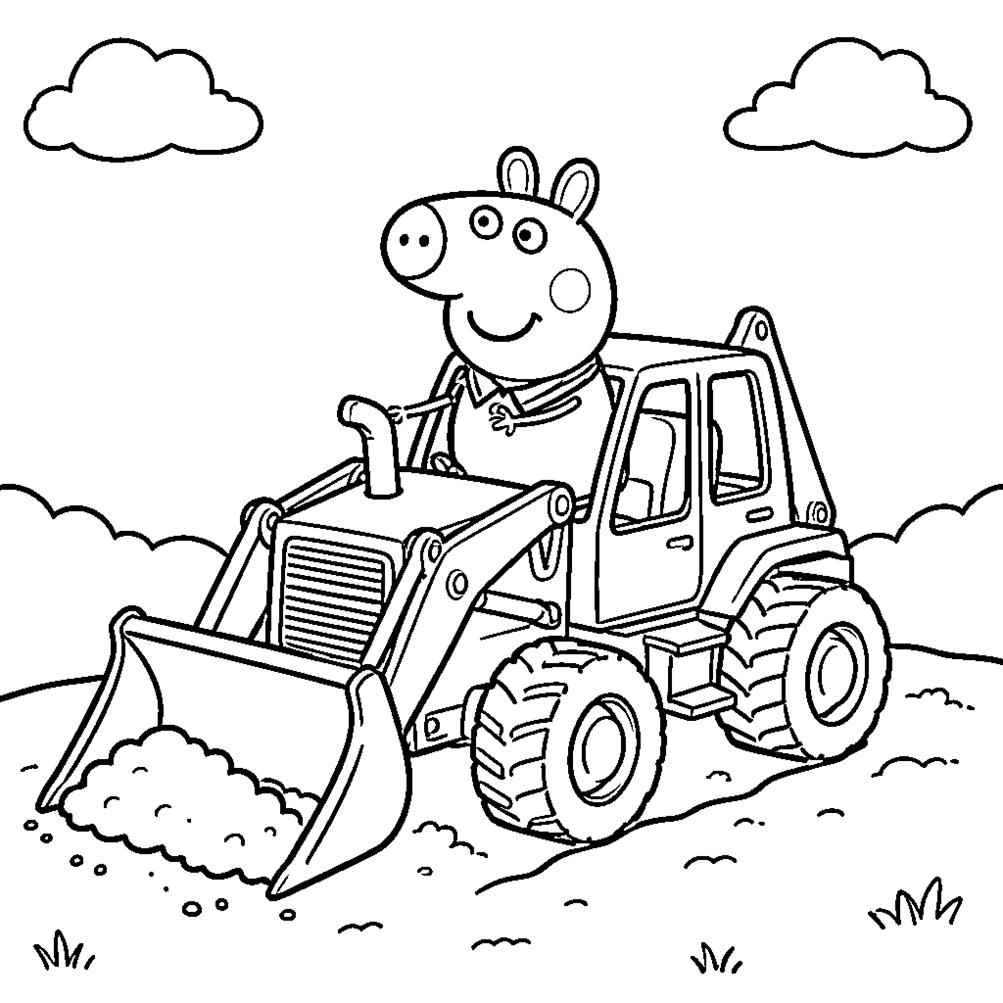 Peppa Pig driving a tractor on the farm Coloring Page (free black-and-white line drawing printable PDF for all, from beginners to advanced learners, including children, teens, adults, and seniors)