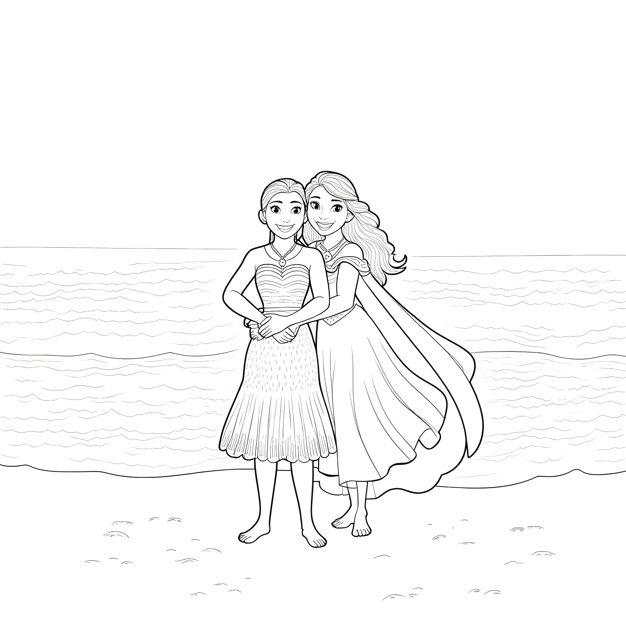 Moana and her friend enjoying the beach Coloring Page (free black-and-white line drawing printable PDF for all, from beginners to advanced learners, including children, teens, adults, and seniors)