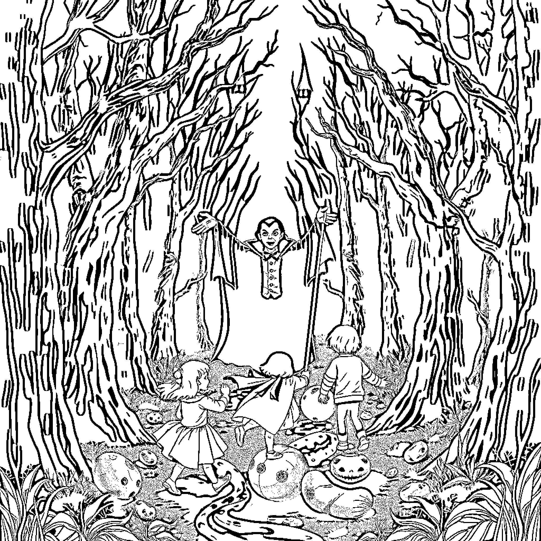Child exploring the enchanted forest Coloring Page (free black-and-white line drawing printable PDF for all, from beginners to advanced learners, including children, teens, adults, and seniors)