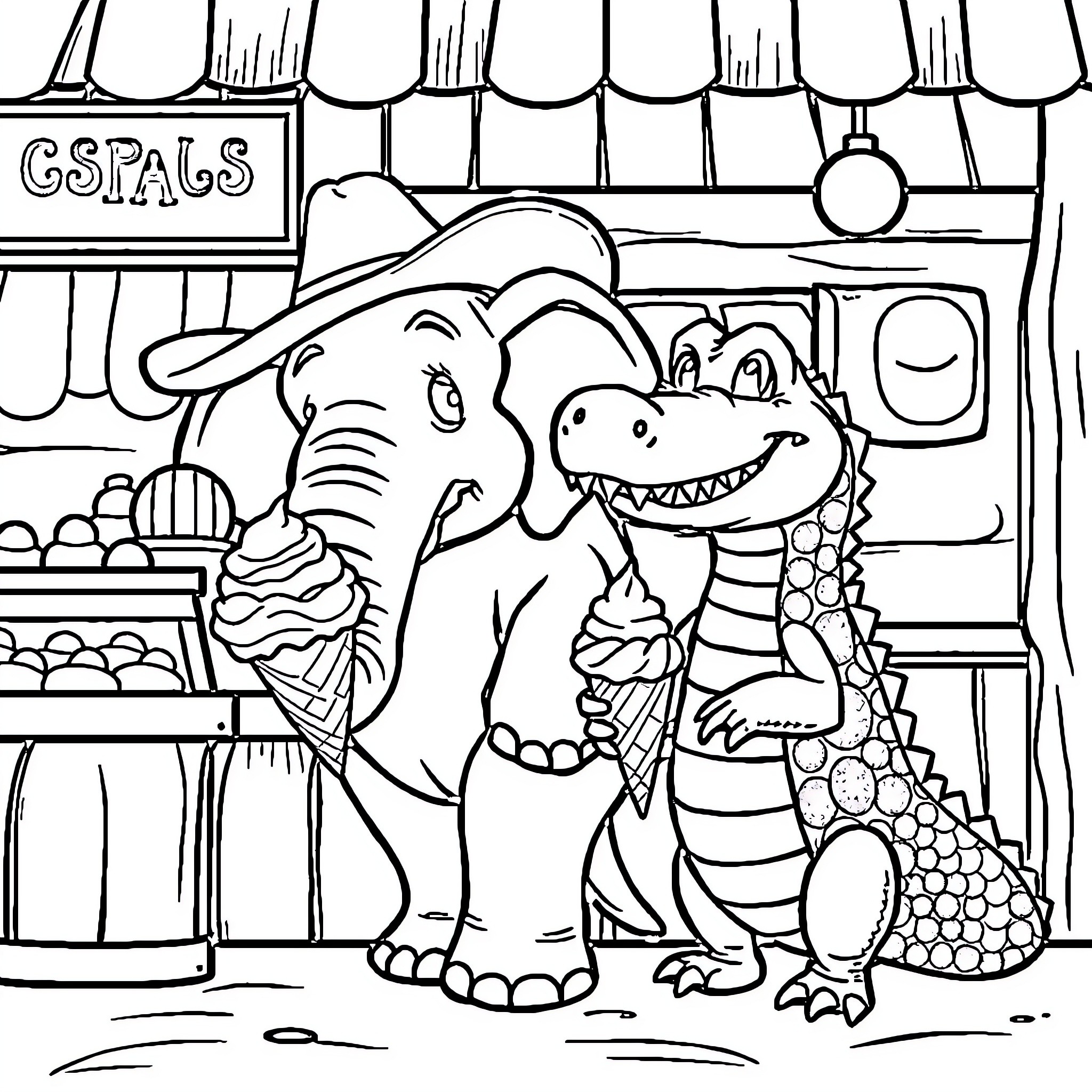 Elephant and Crocodile at the GSPALS Market Coloring Page (free black-and-white line drawing printable PDF for all, from beginners to advanced learners, including children, teens, adults, and seniors)