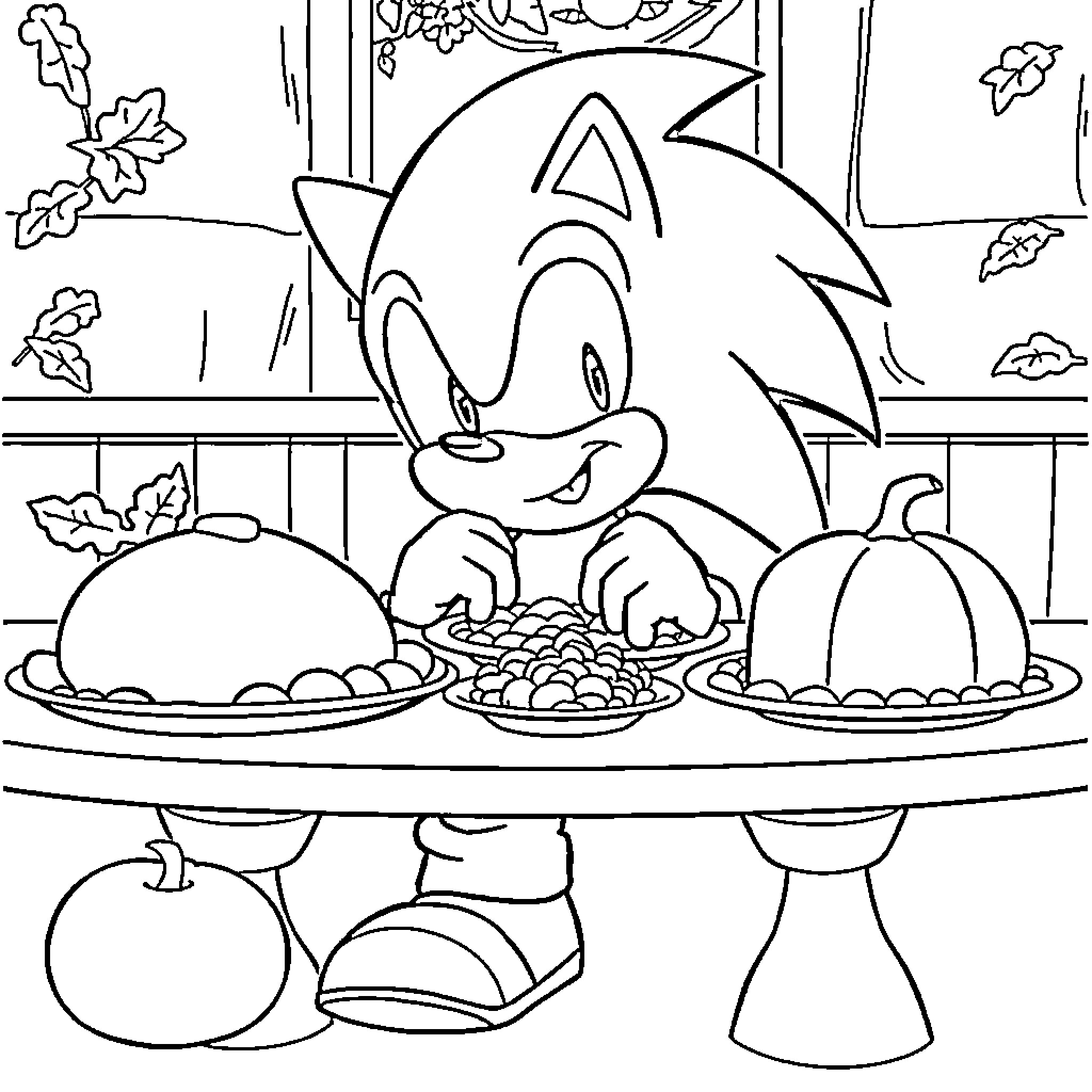 Sonic Enjoying a Delightful Feast Coloring Page (free black-and-white line drawing printable PDF for all, from beginners to advanced learners, including children, teens, adults, and seniors)