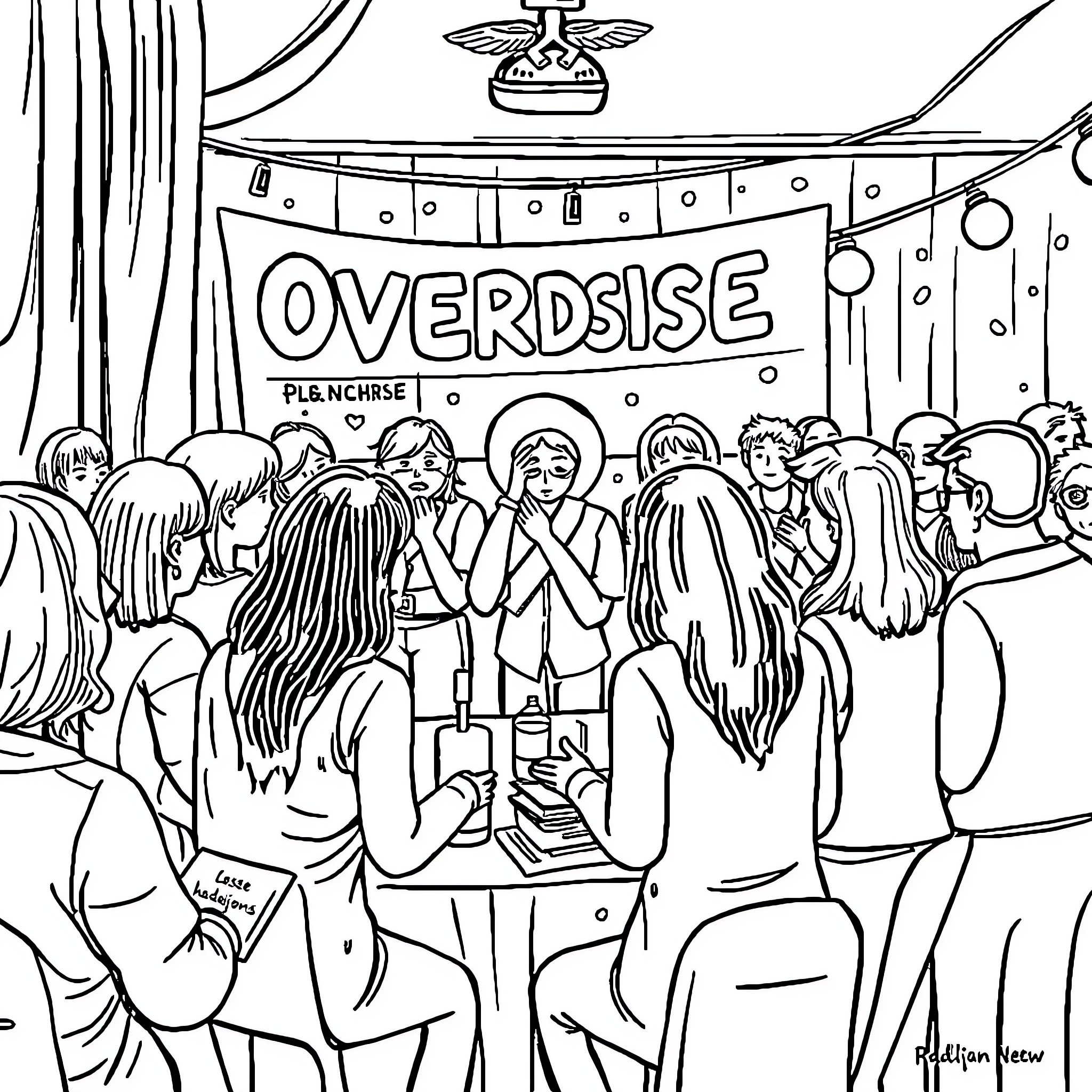 Overdose Awareness: Crowd gathered for a vigil Coloring Page (free black-and-white line drawing printable PDF for all, from beginners to advanced learners, including children, teens, adults, and seniors)