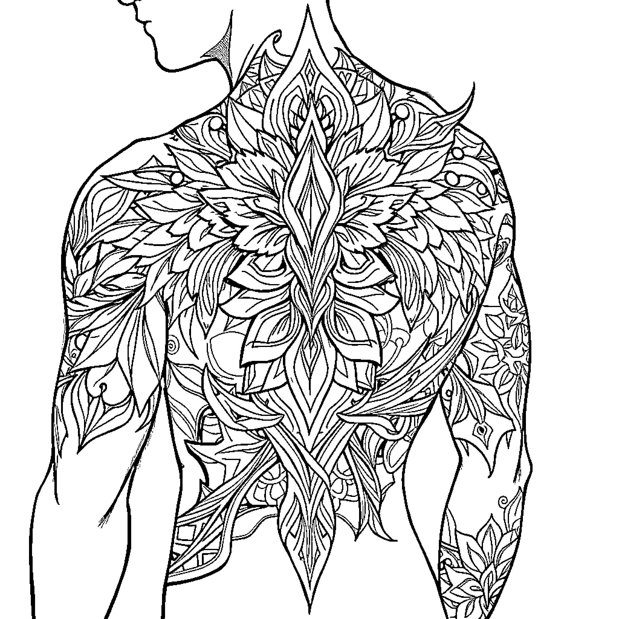Tribal Tattoo Intricate Body Art Design Coloring Page (free black-and-white line drawing printable PDF for all, from beginners to advanced learners, including children, teens, adults, and seniors)
