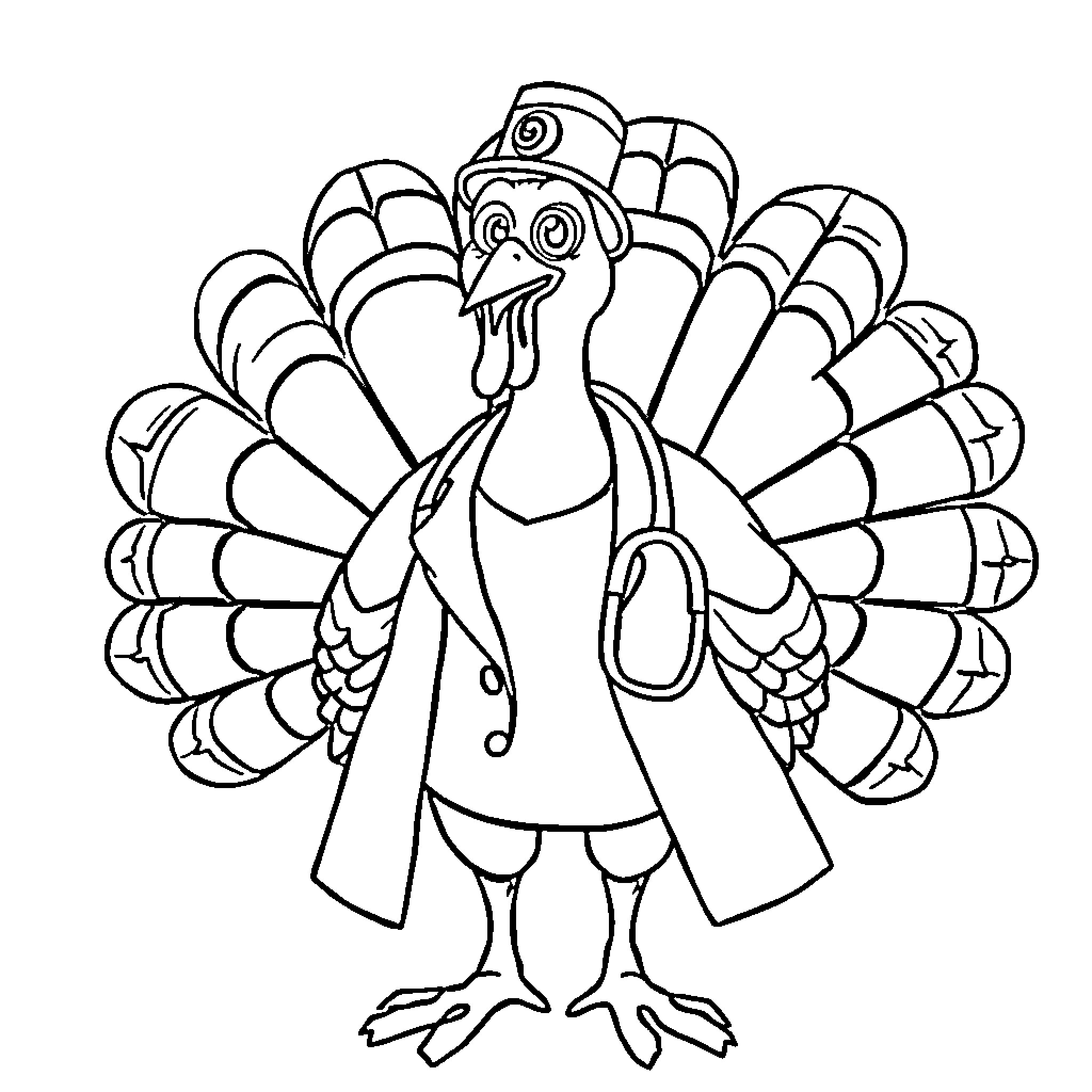 Turkey in festive outfit with elaborate feathers Coloring Page (free black-and-white line drawing printable PDF for all, from beginners to advanced learners, including children, teens, adults, and seniors)