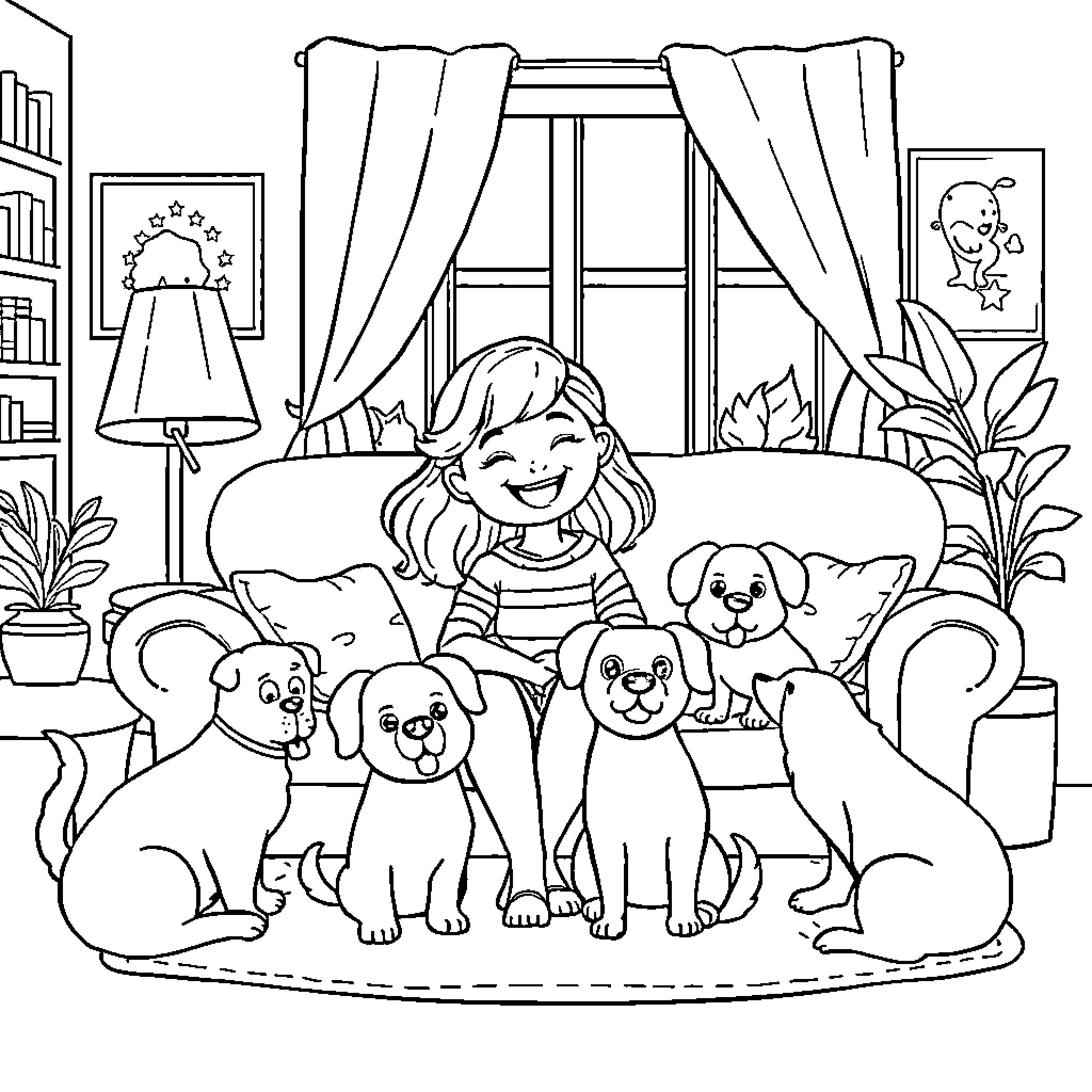 Girl enjoying time with her puppy friends at home Coloring Page (free black-and-white line drawing printable PDF for all, from beginners to advanced learners, including children, teens, adults, and seniors)