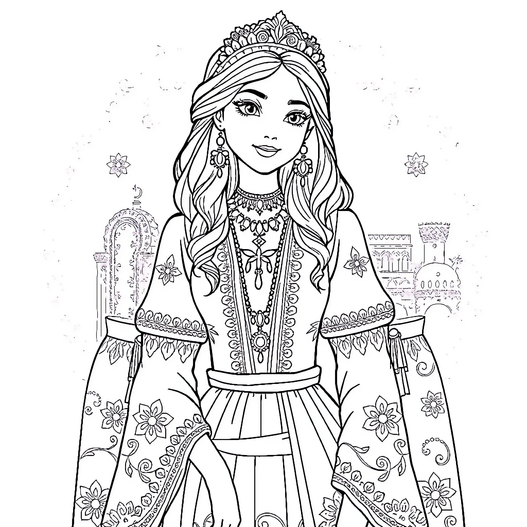 Princess in Elegant Attire Admiring Palace Scenery Coloring Page (free black-and-white line drawing printable PDF for all, from beginners to advanced learners, including children, teens, adults, and seniors)