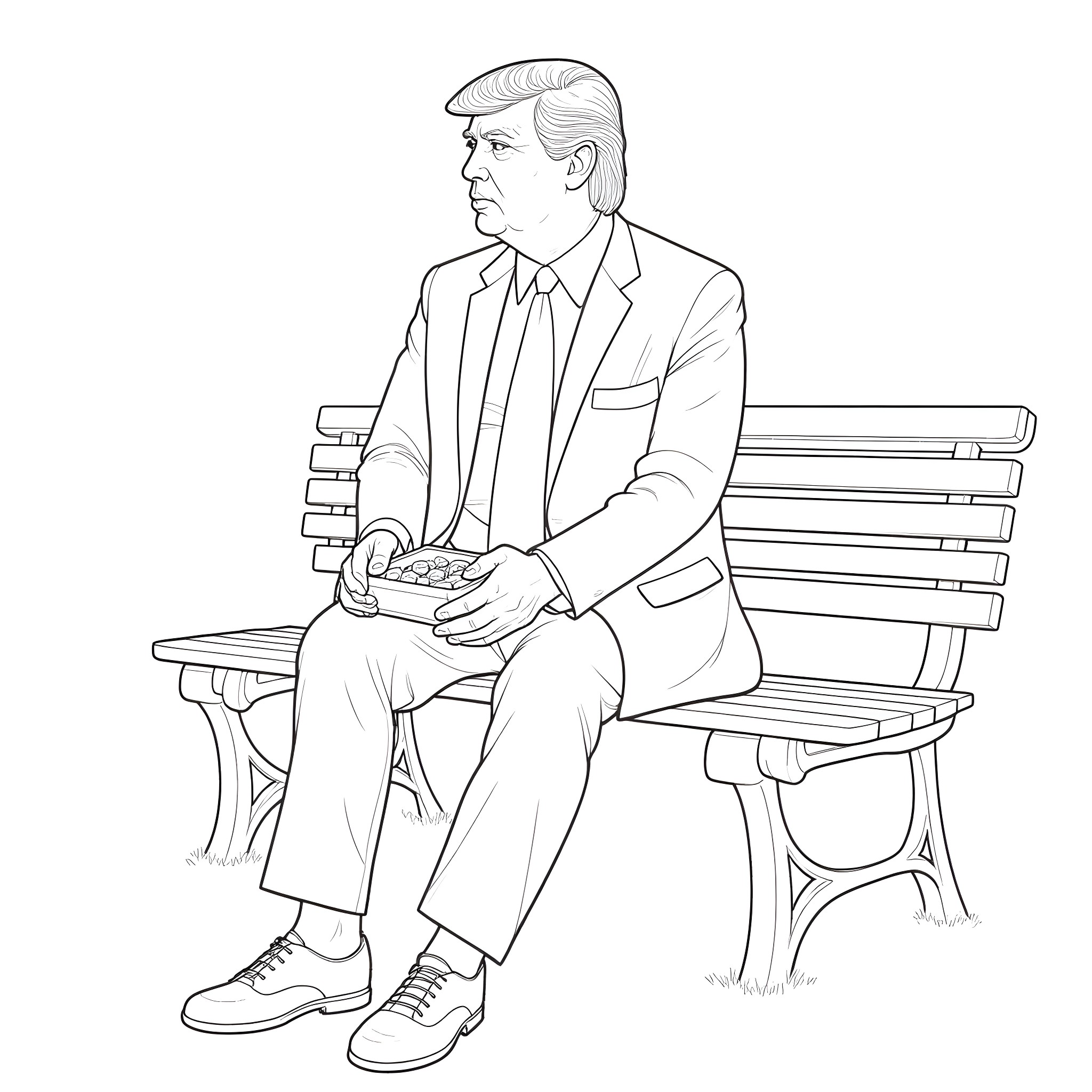 Donald Trump sitting pensively on a park bench Coloring Page (free black-and-white line drawing printable PDF for all, from beginners to advanced learners, including children, teens, adults, and seniors)