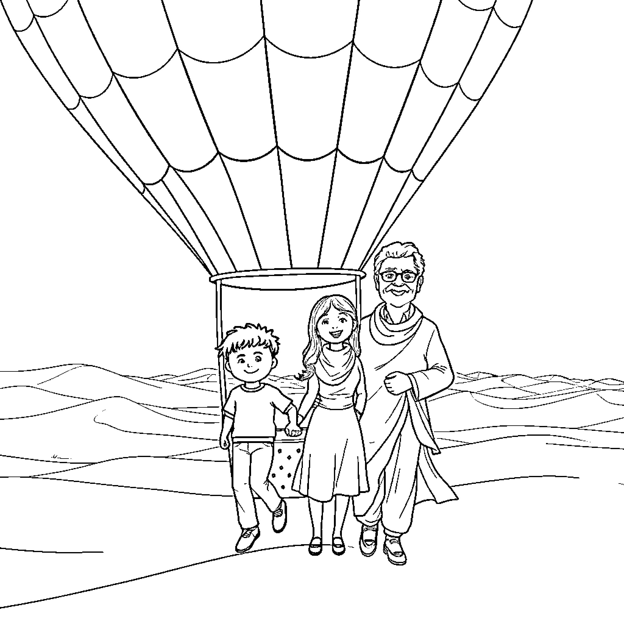 Hot Air Balloon Family Adventure Coloring Page (free black-and-white line drawing printable PDF for all, from beginners to advanced learners, including children, teens, adults, and seniors)