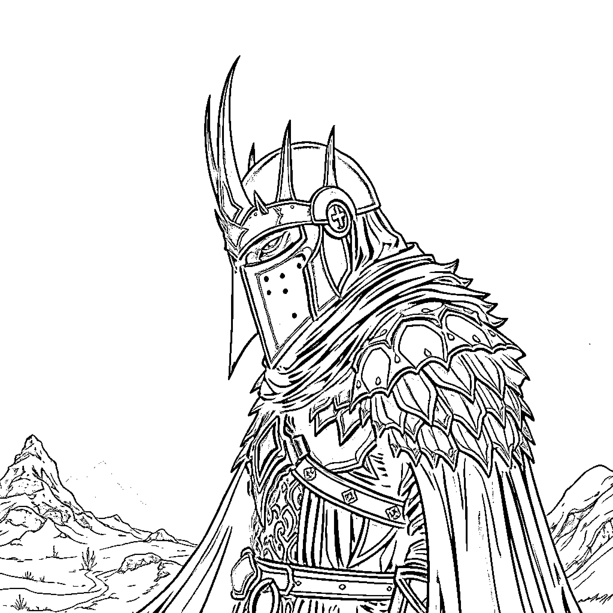 Witch King in Armored Attire amid Dramatic Scenery Coloring Page (free black-and-white line drawing printable PDF for all, from beginners to advanced learners, including children, teens, adults, and seniors)