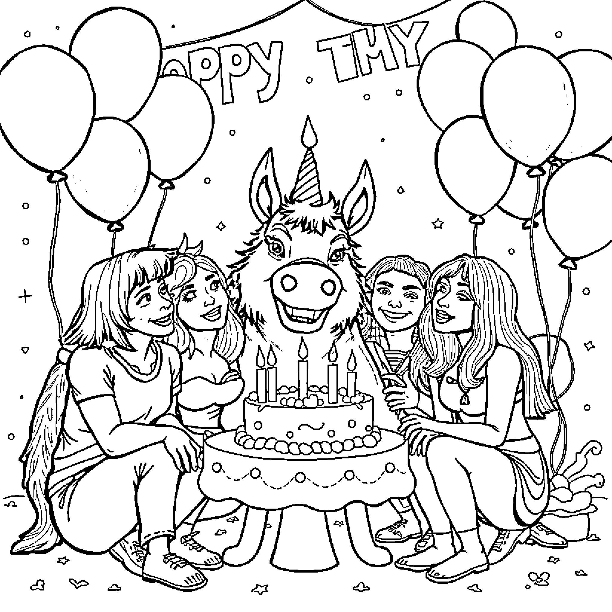 HUNTR/X Group Celebrating Birthday with Cake and Balloons Coloring Page (free black-and-white line drawing printable PDF for all, from beginners to advanced learners, including children, teens, adults, and seniors)