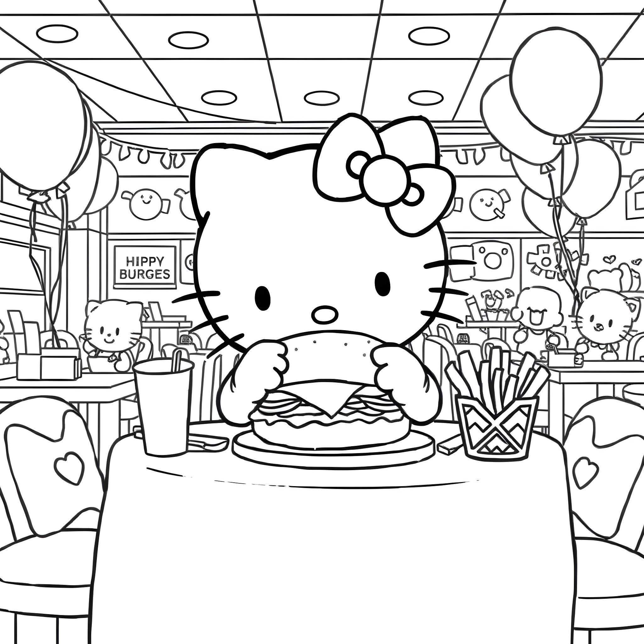 Hello Kitty celebrates with burgers and balloons Coloring Page (free black-and-white line drawing printable PDF for all, from beginners to advanced learners, including children, teens, adults, and seniors)