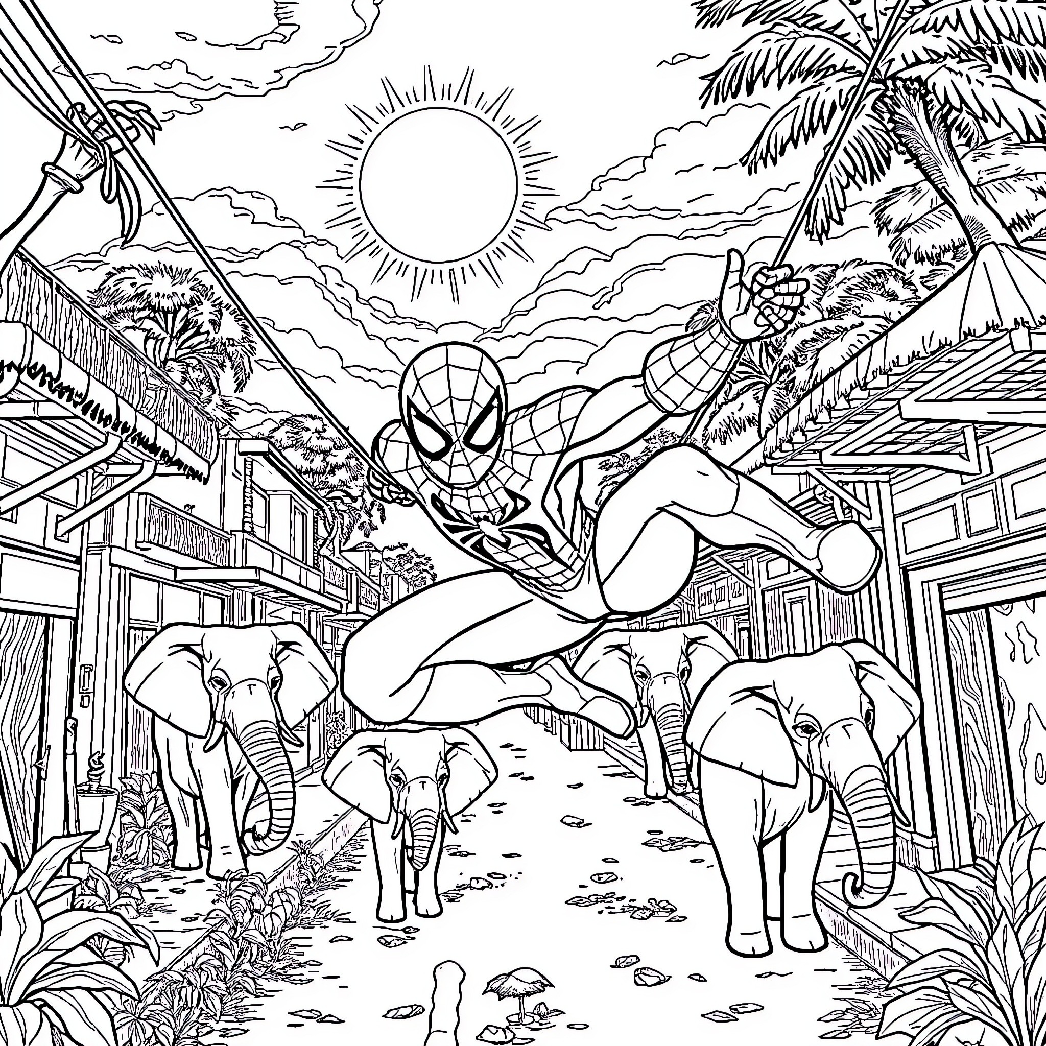 Spiderman swinging through a tropical jungle landscape Coloring Page (free black-and-white line drawing printable PDF for all, from beginners to advanced learners, including children, teens, adults, and seniors)