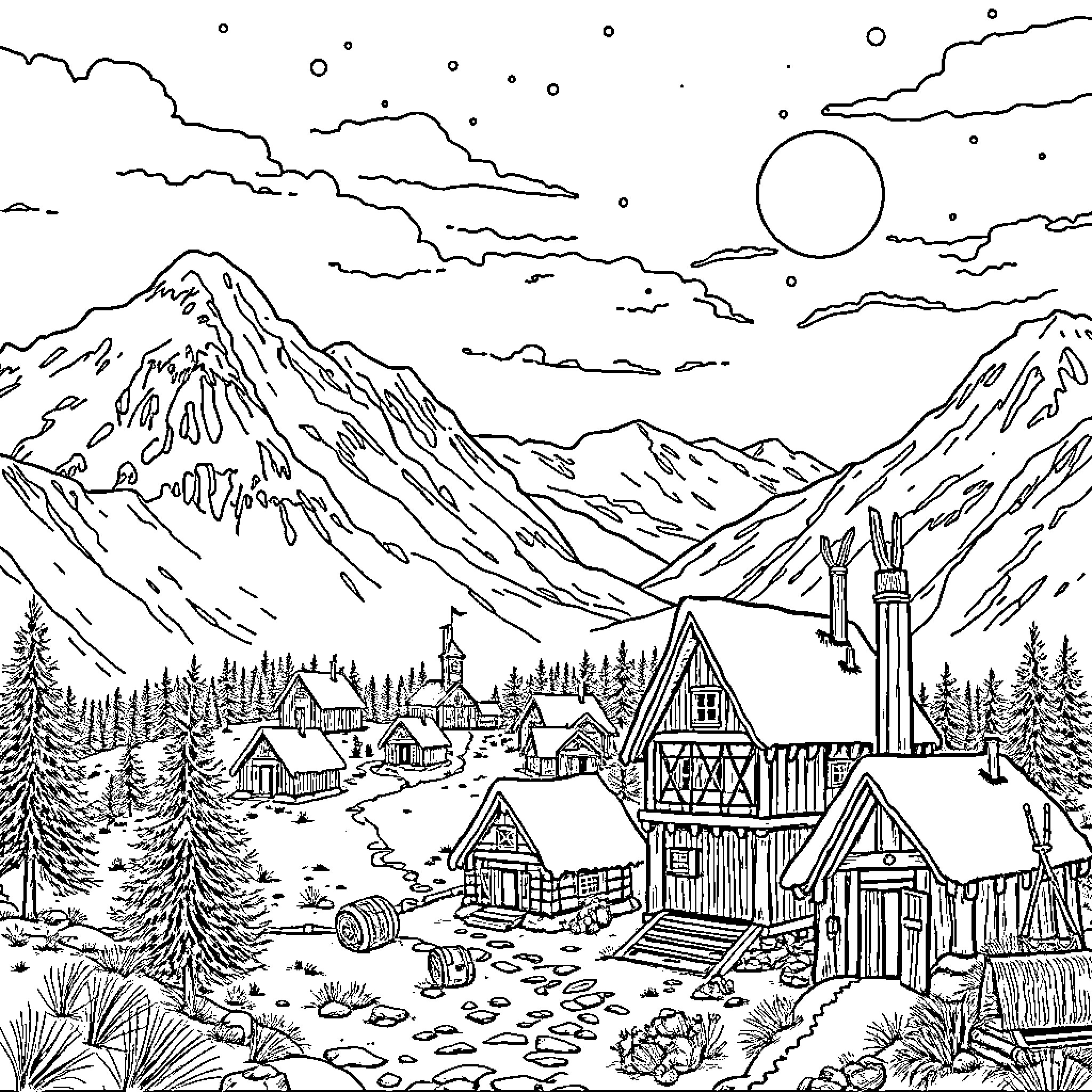 Viking Village Nestled in Snowy Mountain Landscape Coloring Page (free black-and-white line drawing printable PDF for all, from beginners to advanced learners, including children, teens, adults, and seniors)