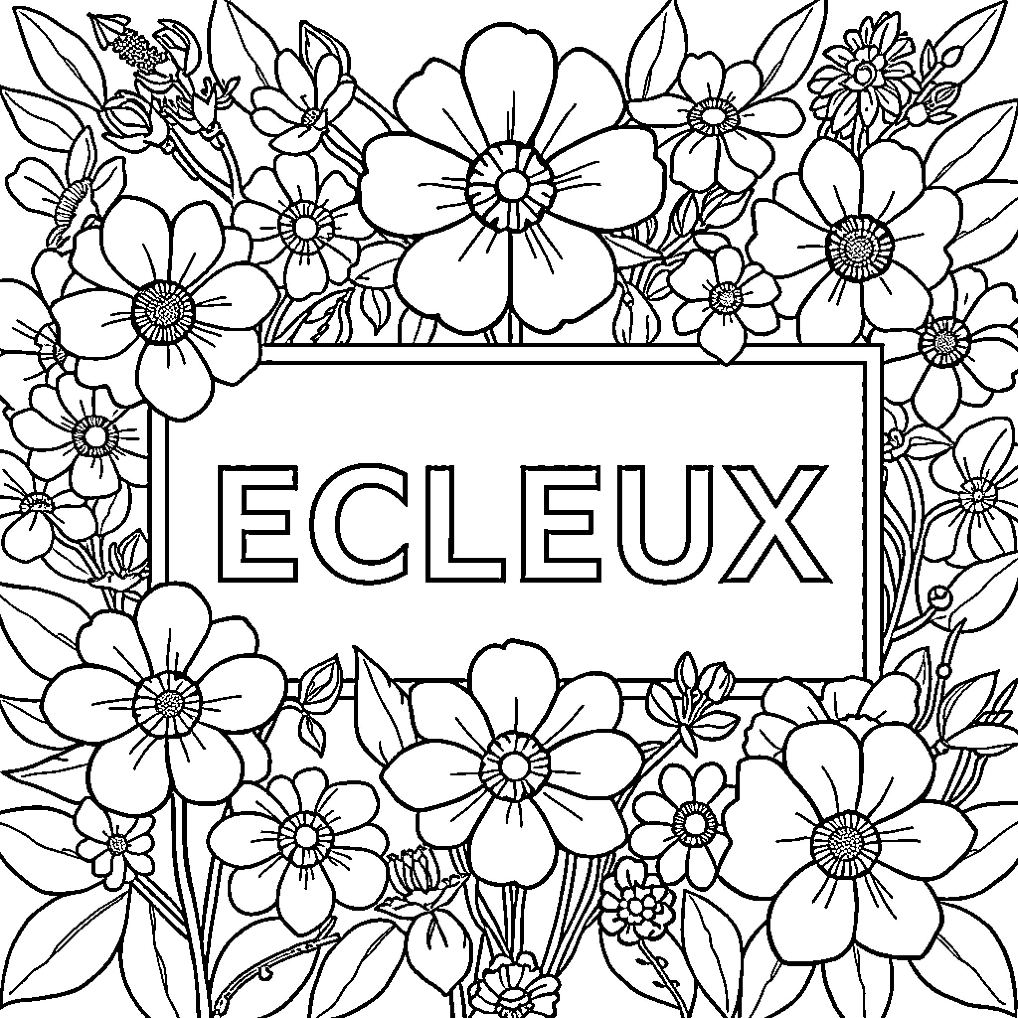 Logo of various flowers in a floral frame Coloring Page (free black-and-white line drawing printable PDF for all, from beginners to advanced learners, including children, teens, adults, and seniors)