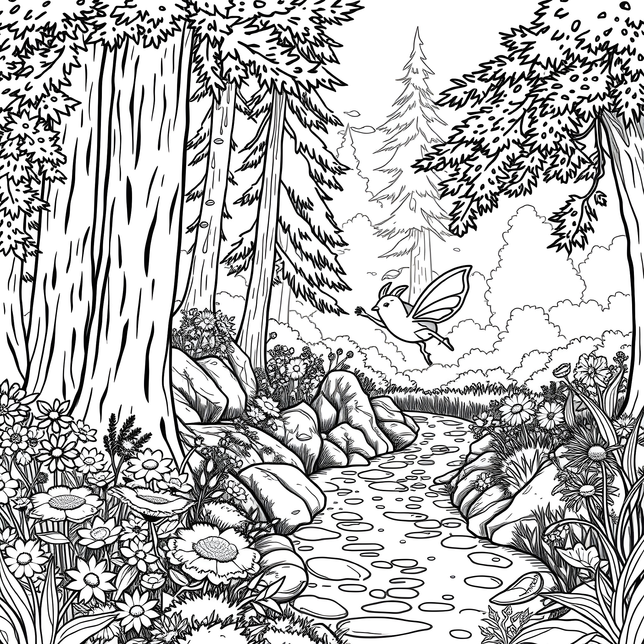 Sprunki's Enchanted Forest Adventure Coloring Page (free black-and-white line drawing printable PDF for all, from beginners to advanced learners, including children, teens, adults, and seniors)