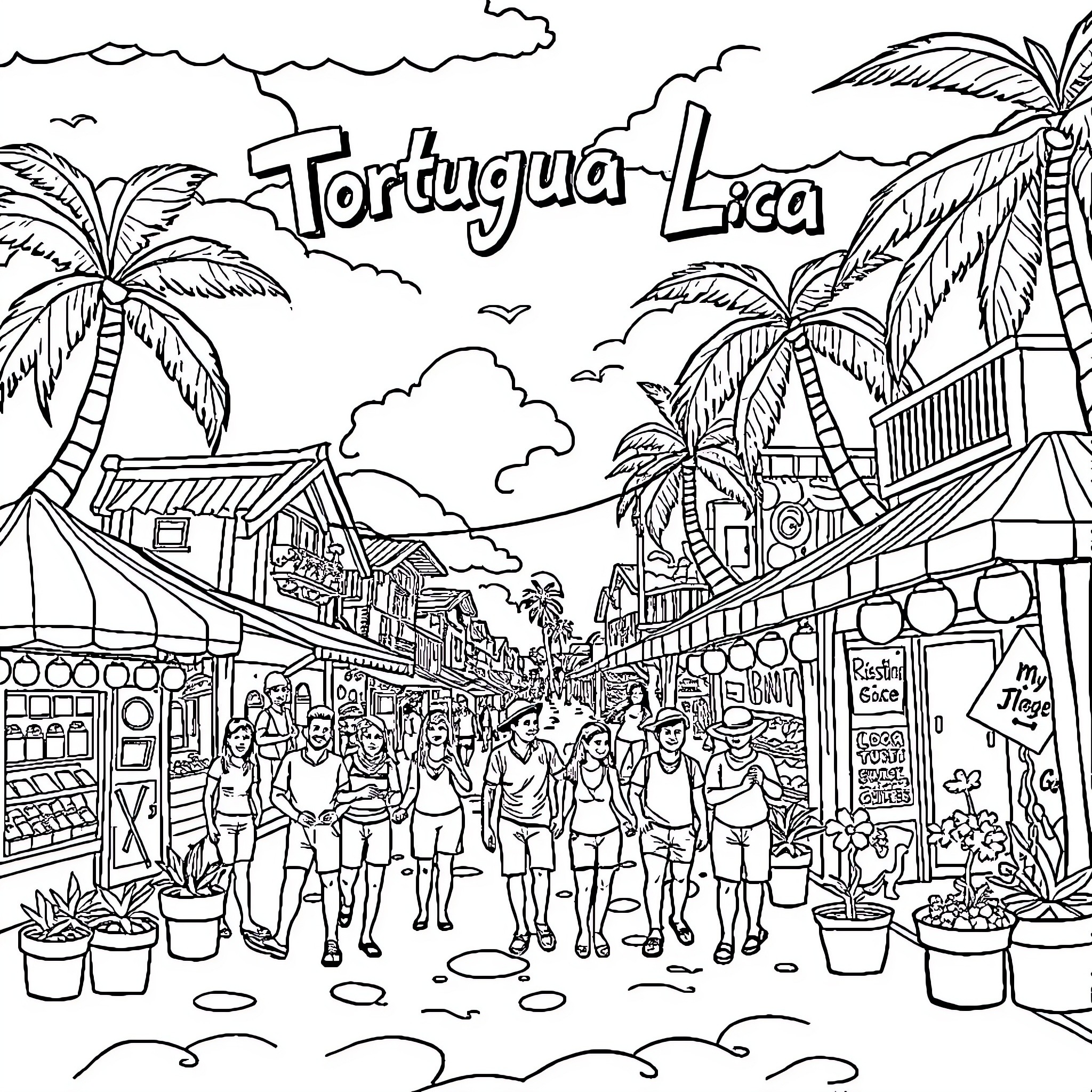 Turtle-Themed Tropical Town Marketplace Coloring Page (free black-and-white line drawing printable PDF for all, from beginners to advanced learners, including children, teens, adults, and seniors)