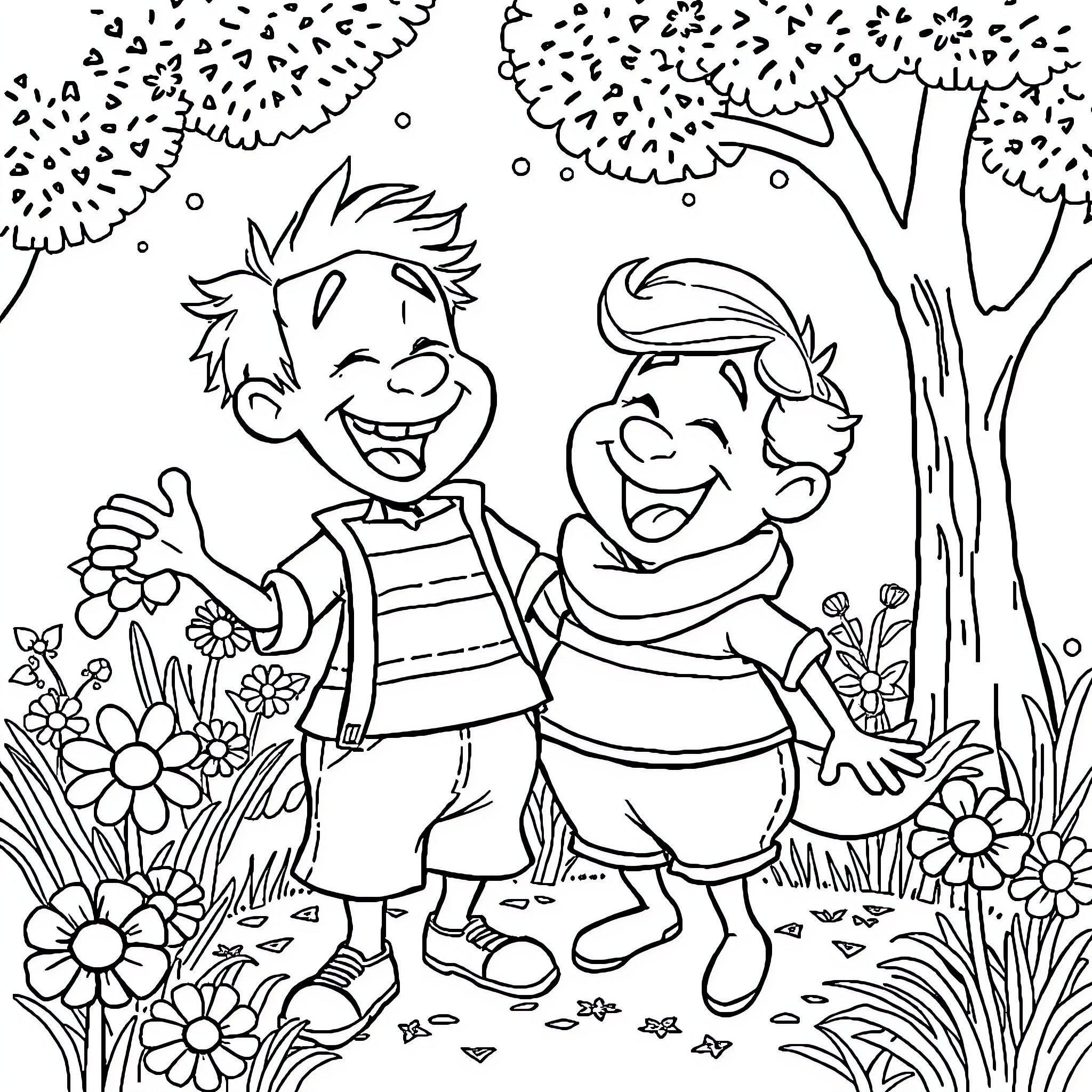 Ronny och Ragge playing together in the flower garden Coloring Page (free black-and-white line drawing printable PDF for all, from beginners to advanced learners, including children, teens, adults, and seniors)