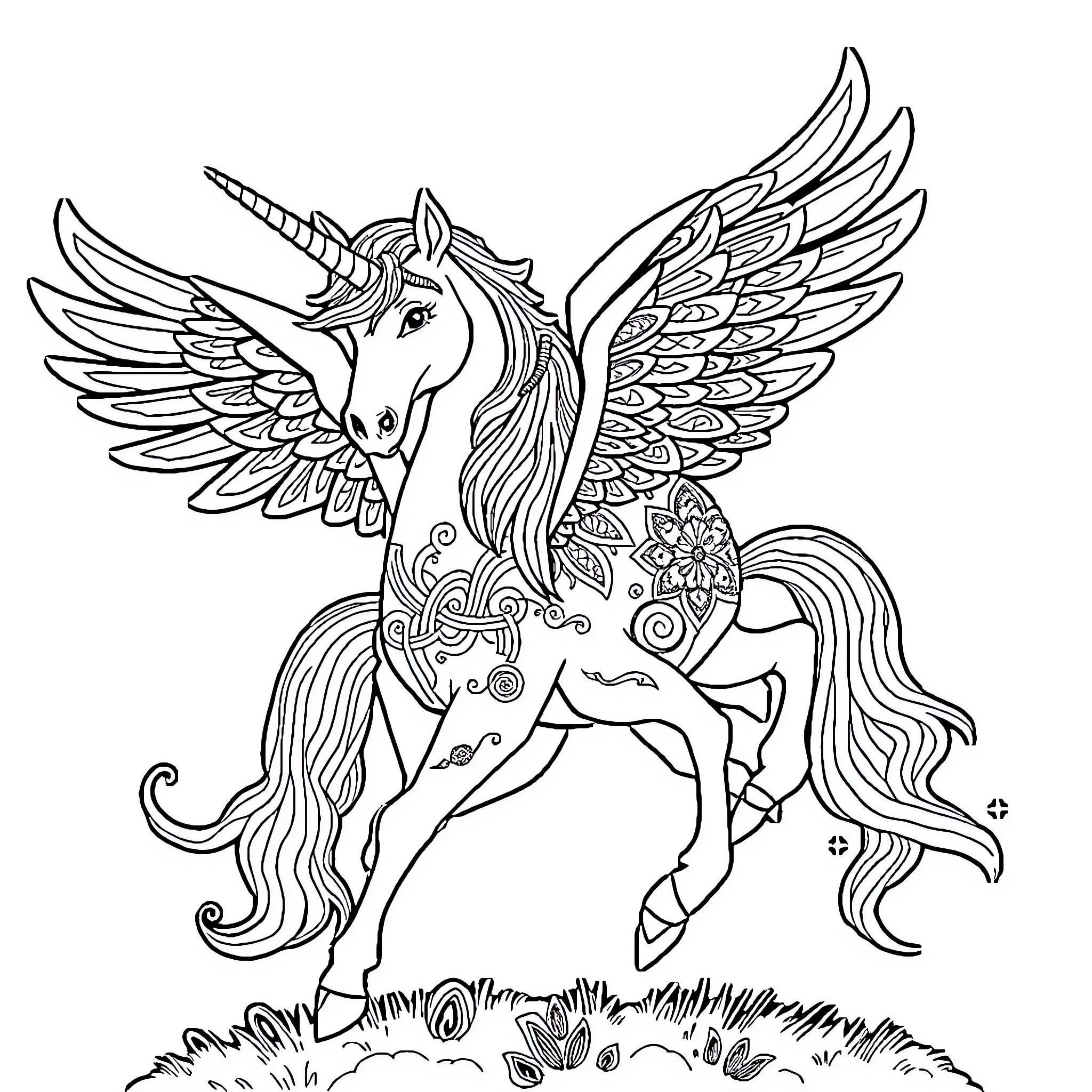 Unicorn Soaring with Ornate Wings and Flowers Coloring Page (free black-and-white line drawing printable PDF for all, from beginners to advanced learners, including children, teens, adults, and seniors)