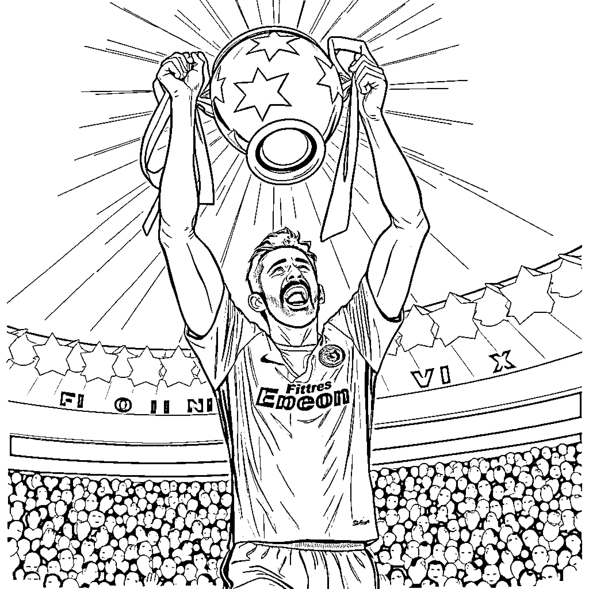 Sergio Ramos celebrating trophy victory with teammates Coloring Page (free black-and-white line drawing printable PDF for all, from beginners to advanced learners, including children, teens, adults, and seniors)