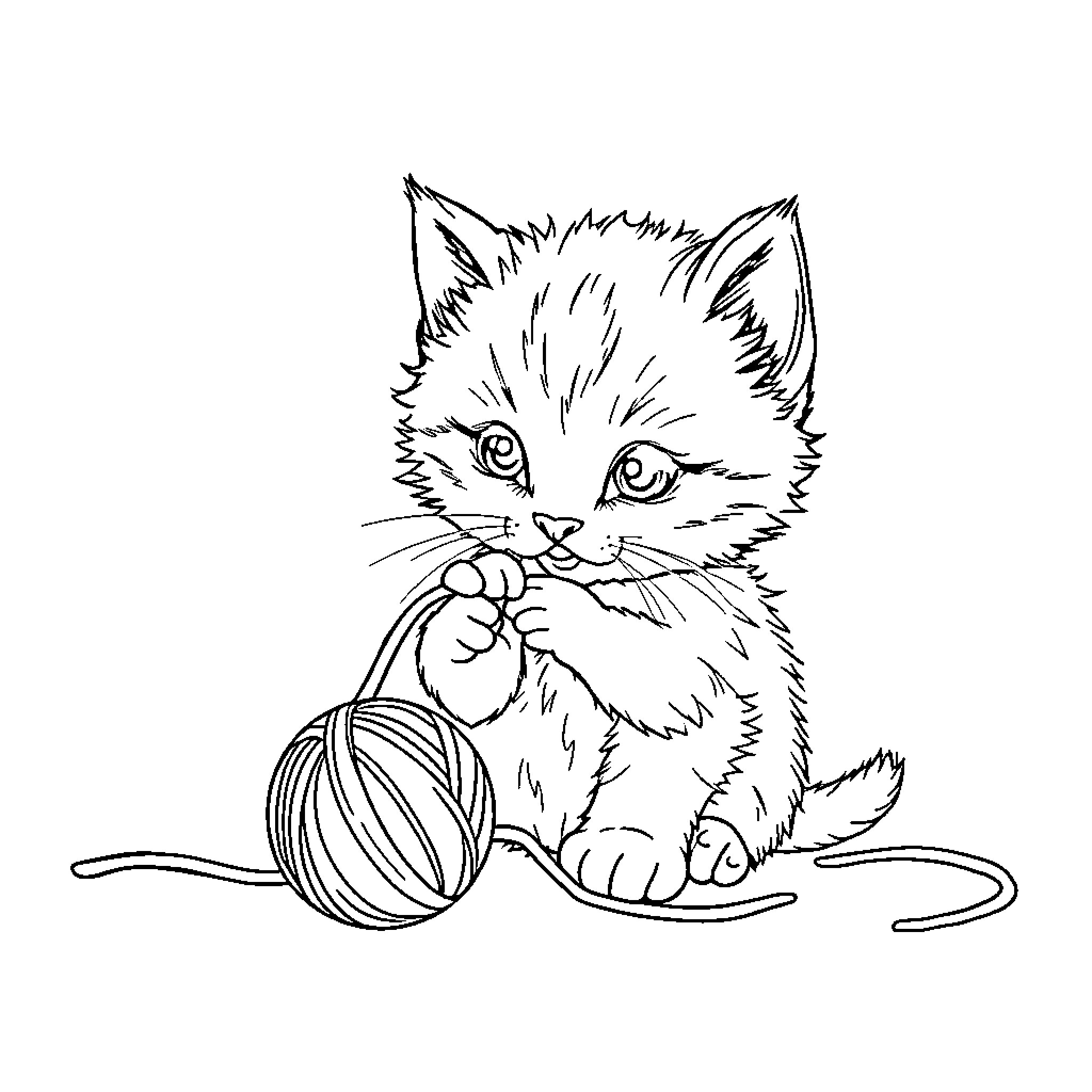 Kitten playing with yarn ball Coloring Page (free black-and-white line drawing printable PDF for all, from beginners to advanced learners, including children, teens, adults, and seniors)