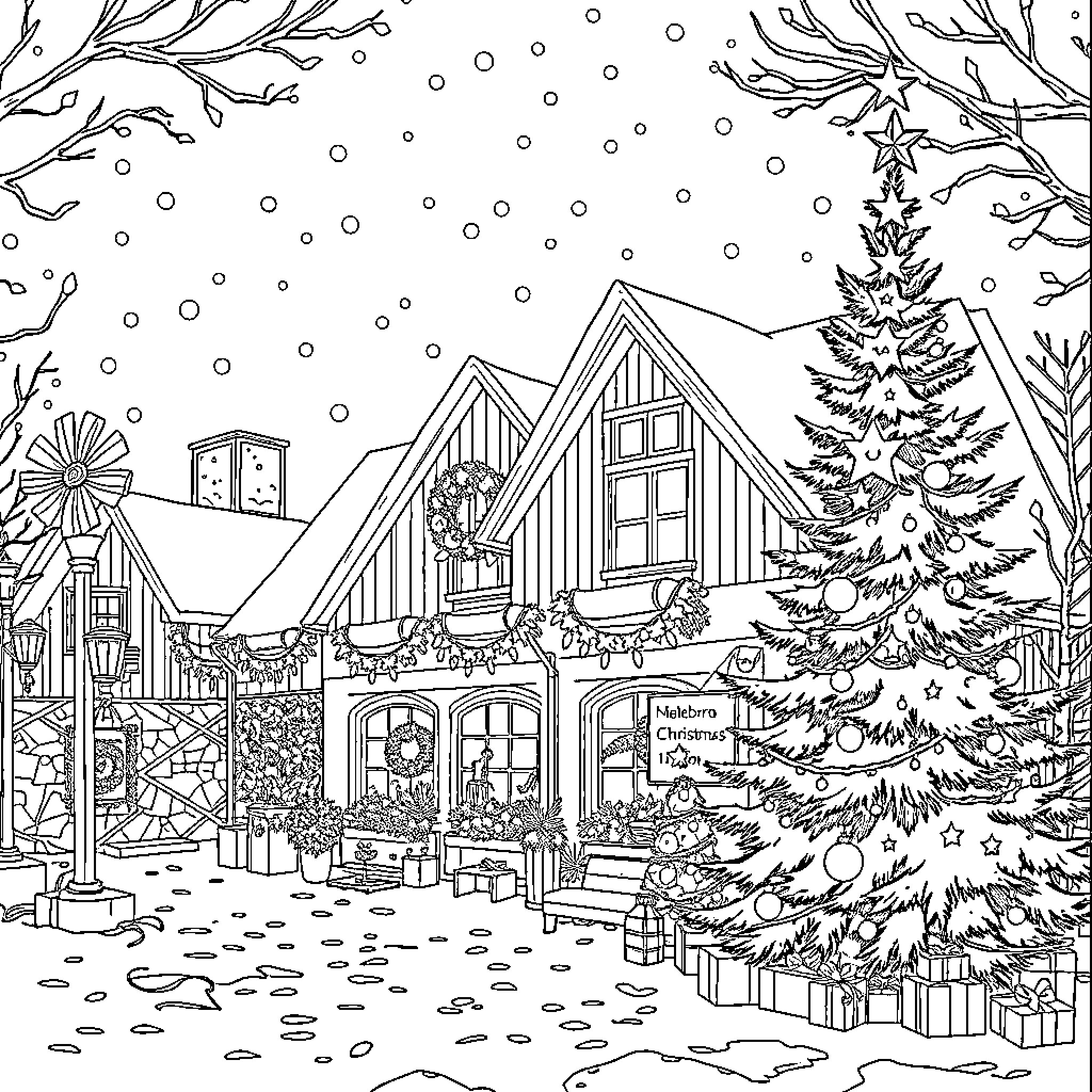 School Winter Holiday Scene with Decorations Coloring Page (free black-and-white line drawing printable PDF for all, from beginners to advanced learners, including children, teens, adults, and seniors)