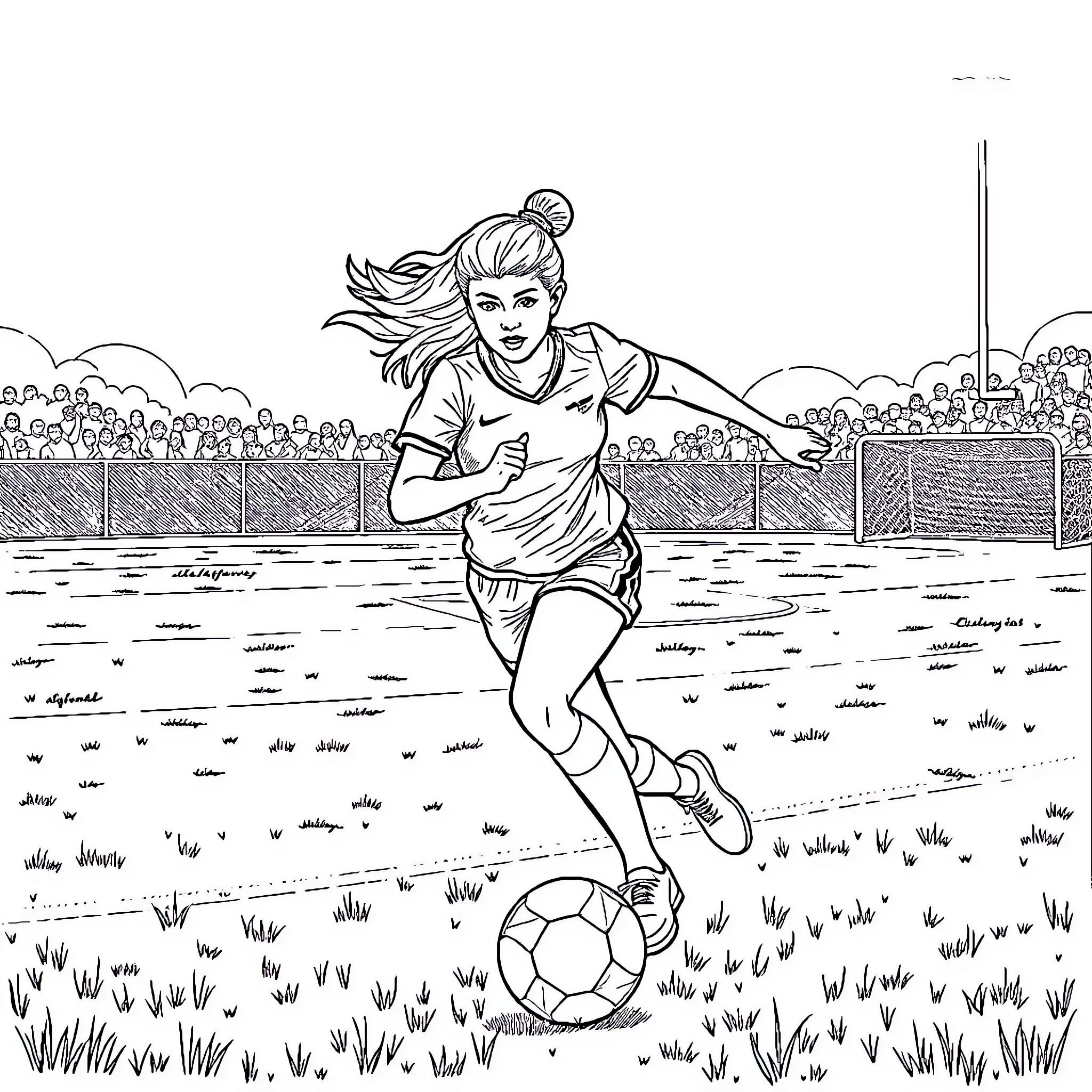 Britney Light: Soccer Player in Action on the Field Coloring Page (free black-and-white line drawing printable PDF for all, from beginners to advanced learners, including children, teens, adults, and seniors)