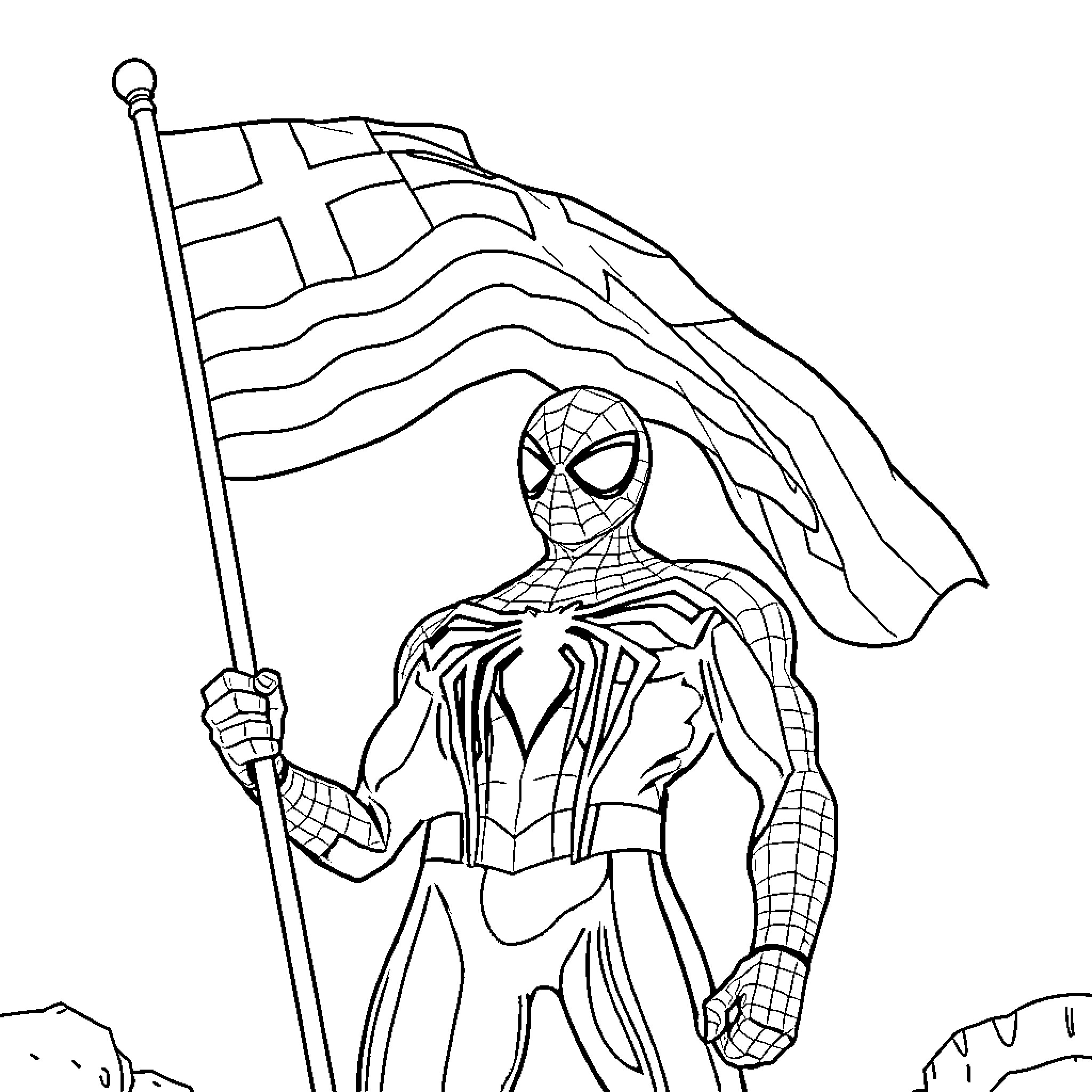 Spiderman waving Greek flag in heroic pose Coloring Page (free black-and-white line drawing printable PDF for all, from beginners to advanced learners, including children, teens, adults, and seniors)