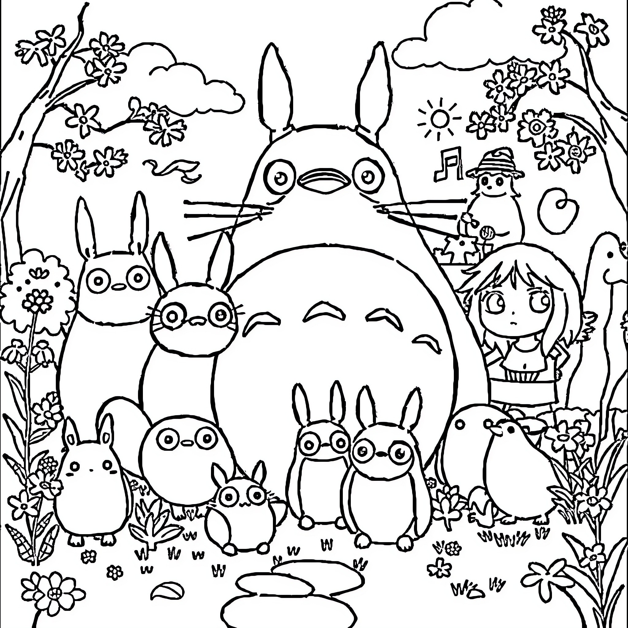Studio Ghibli Characters in a Whimsical Woodland Scene Coloring Page (free black-and-white line drawing printable PDF for all, from beginners to advanced learners, including children, teens, adults, and seniors)