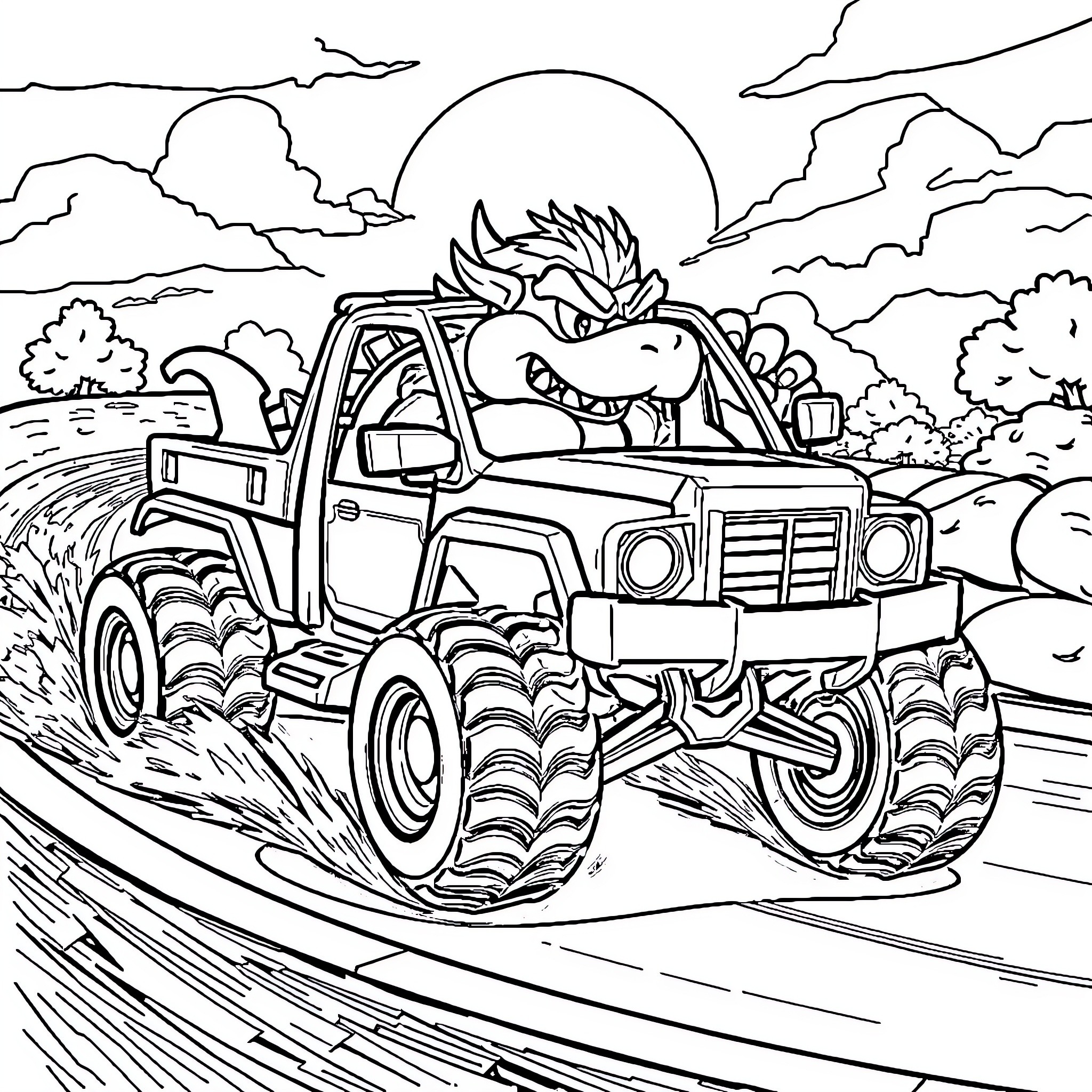 Bowser driving a monster truck through the countryside Coloring Page (free black-and-white line drawing printable PDF for all, from beginners to advanced learners, including children, teens, adults, and seniors)