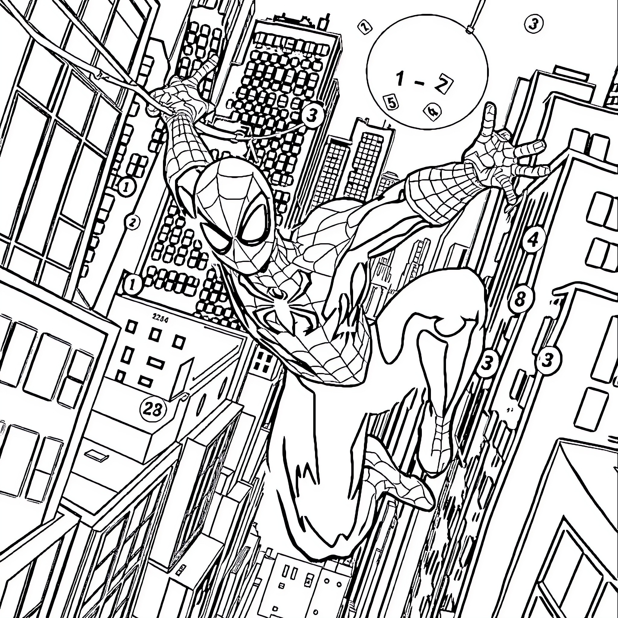 Spiderman swinging through the city skyline Coloring Page (free black-and-white line drawing printable PDF for all, from beginners to advanced learners, including children, teens, adults, and seniors)