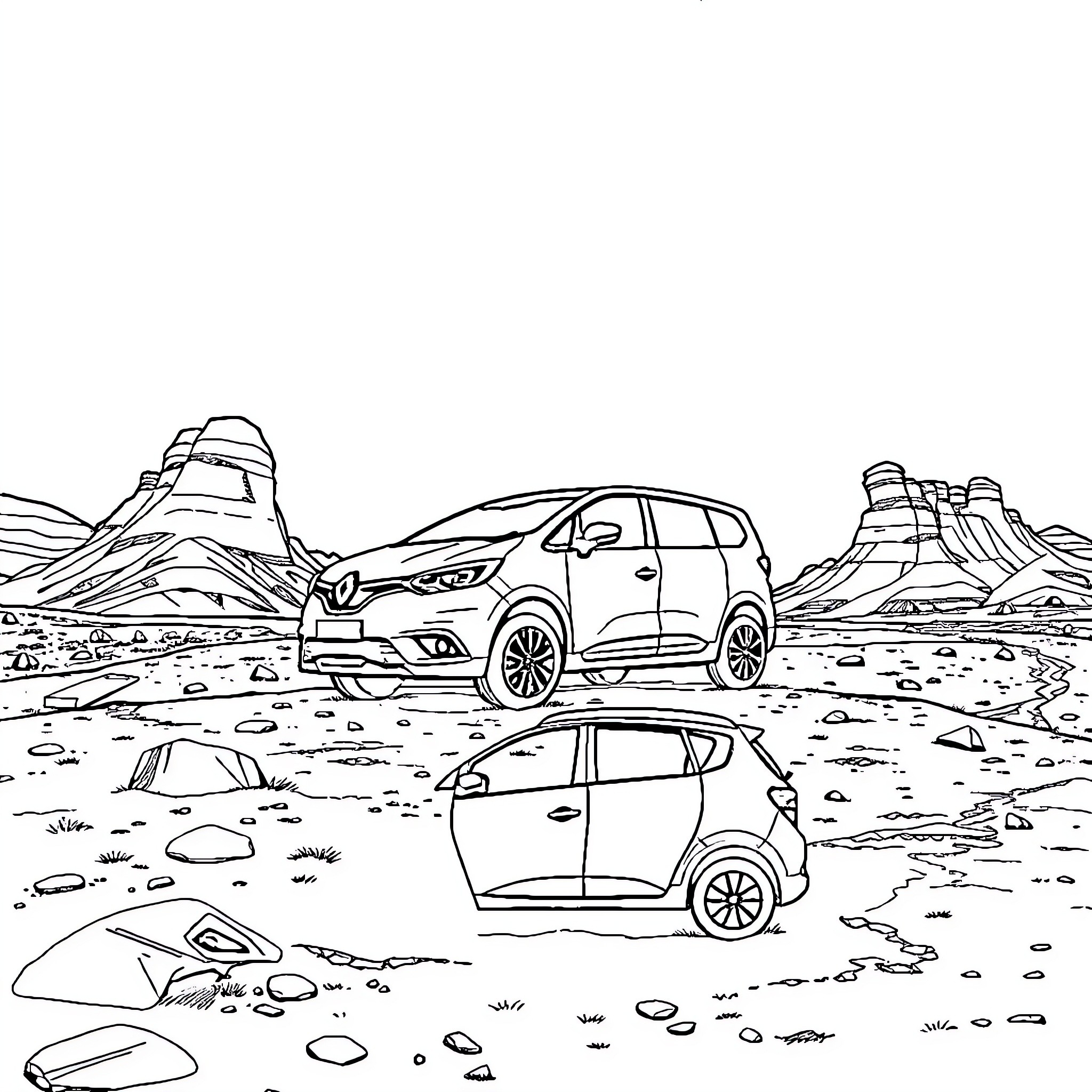 Renault Espace family vehicles exploring desert landscape Coloring Page (free black-and-white line drawing printable PDF for all, from beginners to advanced learners, including children, teens, adults, and seniors)