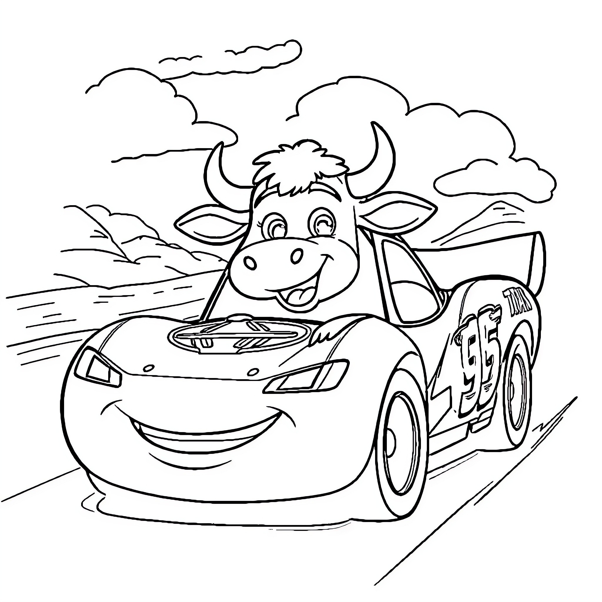 Cow driving a racing car happily on the road Coloring Page (free black-and-white line drawing printable PDF for all, from beginners to advanced learners, including children, teens, adults, and seniors)
