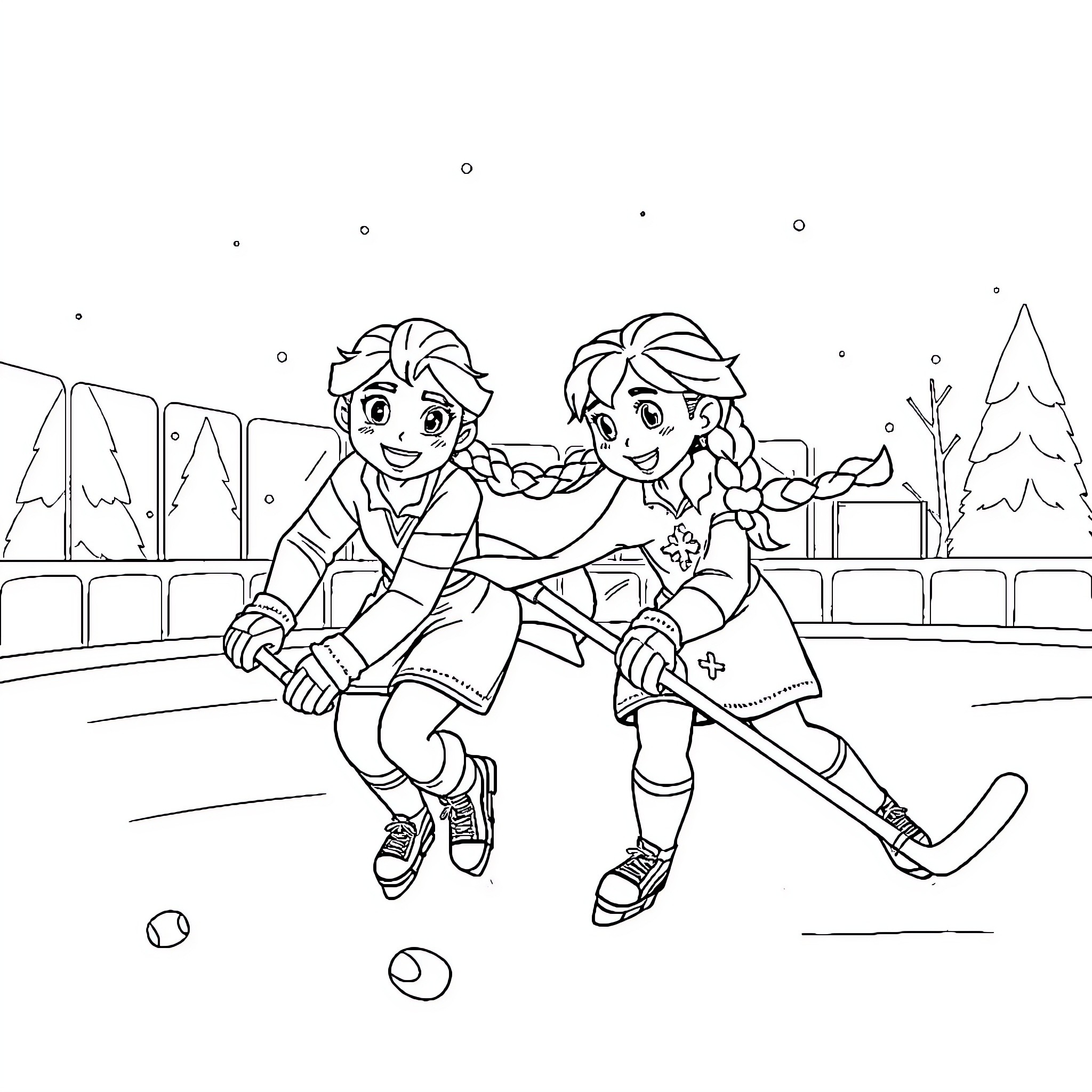 Anna and Elsa playing joyfully in the winter wonderland Coloring Page (free black-and-white line drawing printable PDF for all, from beginners to advanced learners, including children, teens, adults, and seniors)