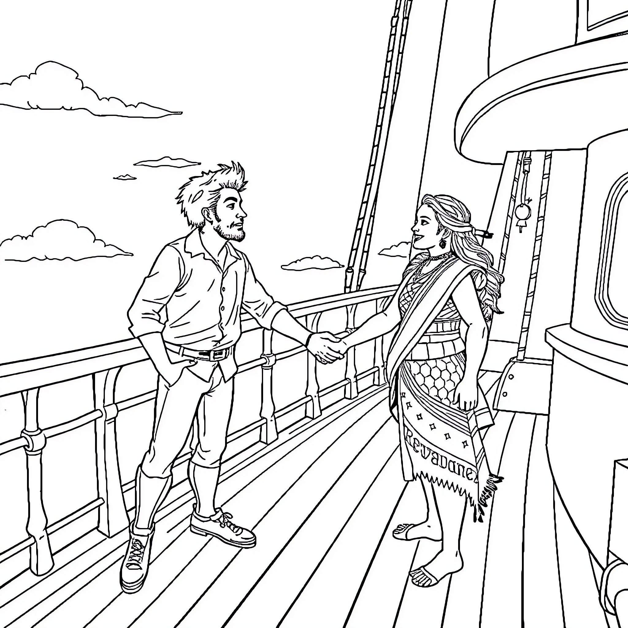 Rhys Darby and a woman on a ship's deck Coloring Page (free black-and-white line drawing printable PDF for all, from beginners to advanced learners, including children, teens, adults, and seniors)