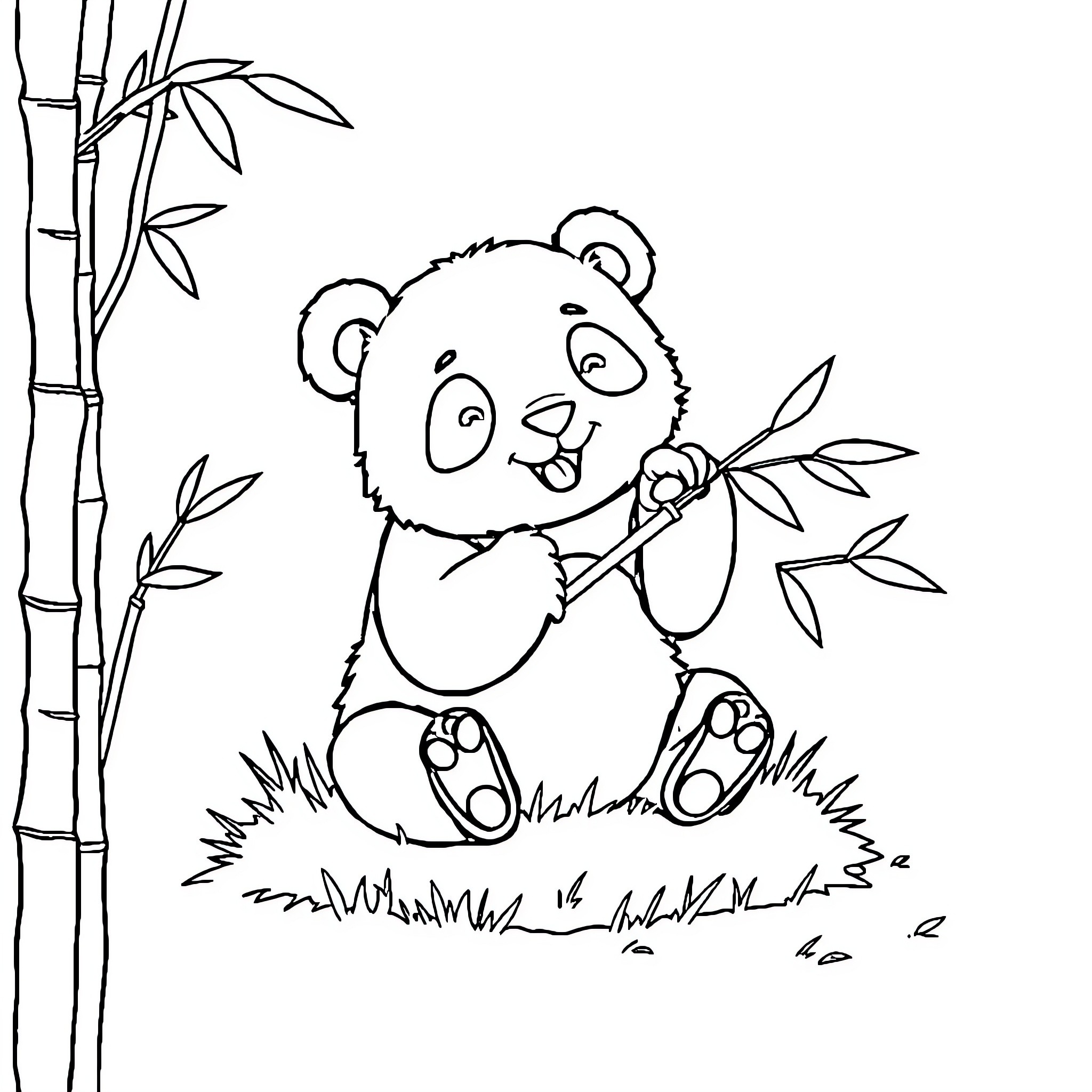 Panda enjoying bamboo in nature Coloring Page (free black-and-white line drawing printable PDF for all, from beginners to advanced learners, including children, teens, adults, and seniors)
