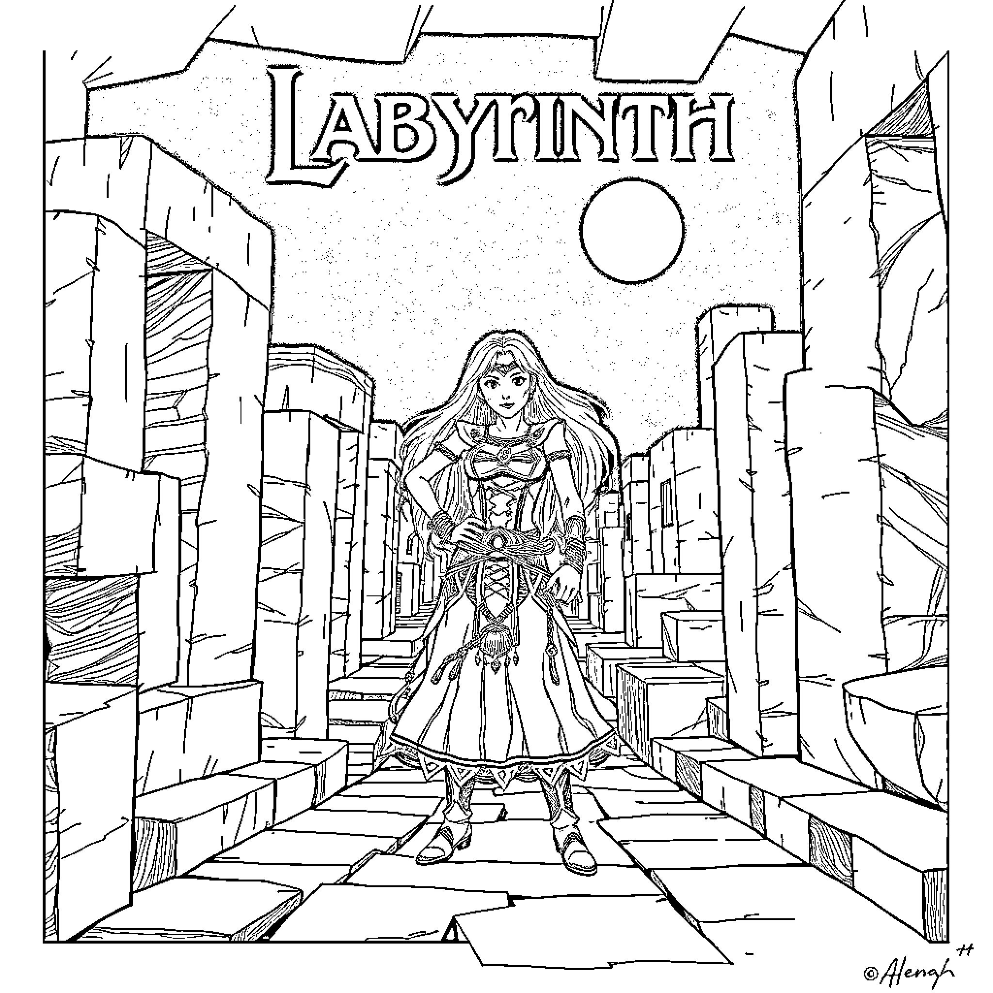 Labyrinth of a Heroic Maiden Coloring Page (free black-and-white line drawing printable PDF for all, from beginners to advanced learners, including children, teens, adults, and seniors)