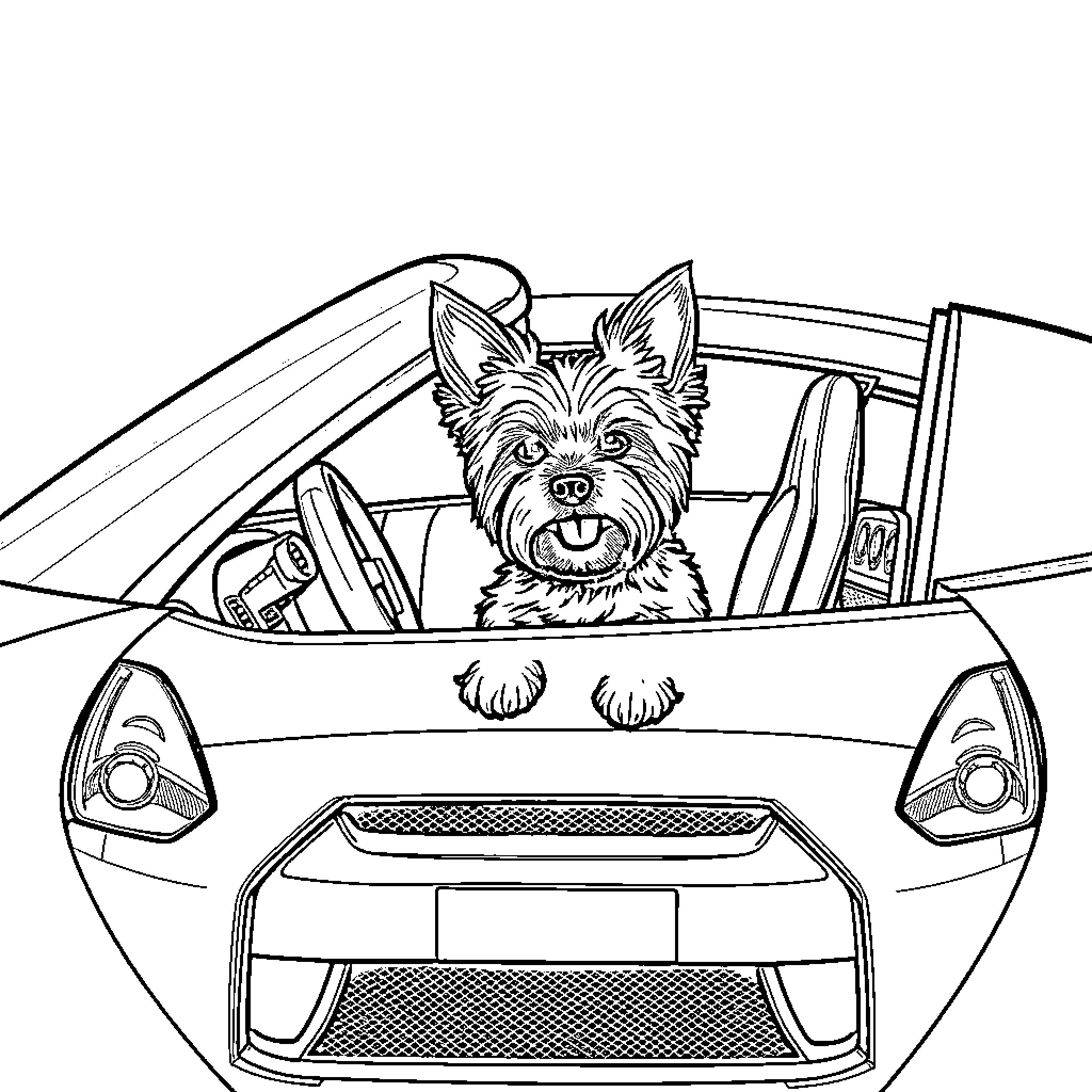Yorkie riding happily in a sports car Coloring Page (free black-and-white line drawing printable PDF for all, from beginners to advanced learners, including children, teens, adults, and seniors)