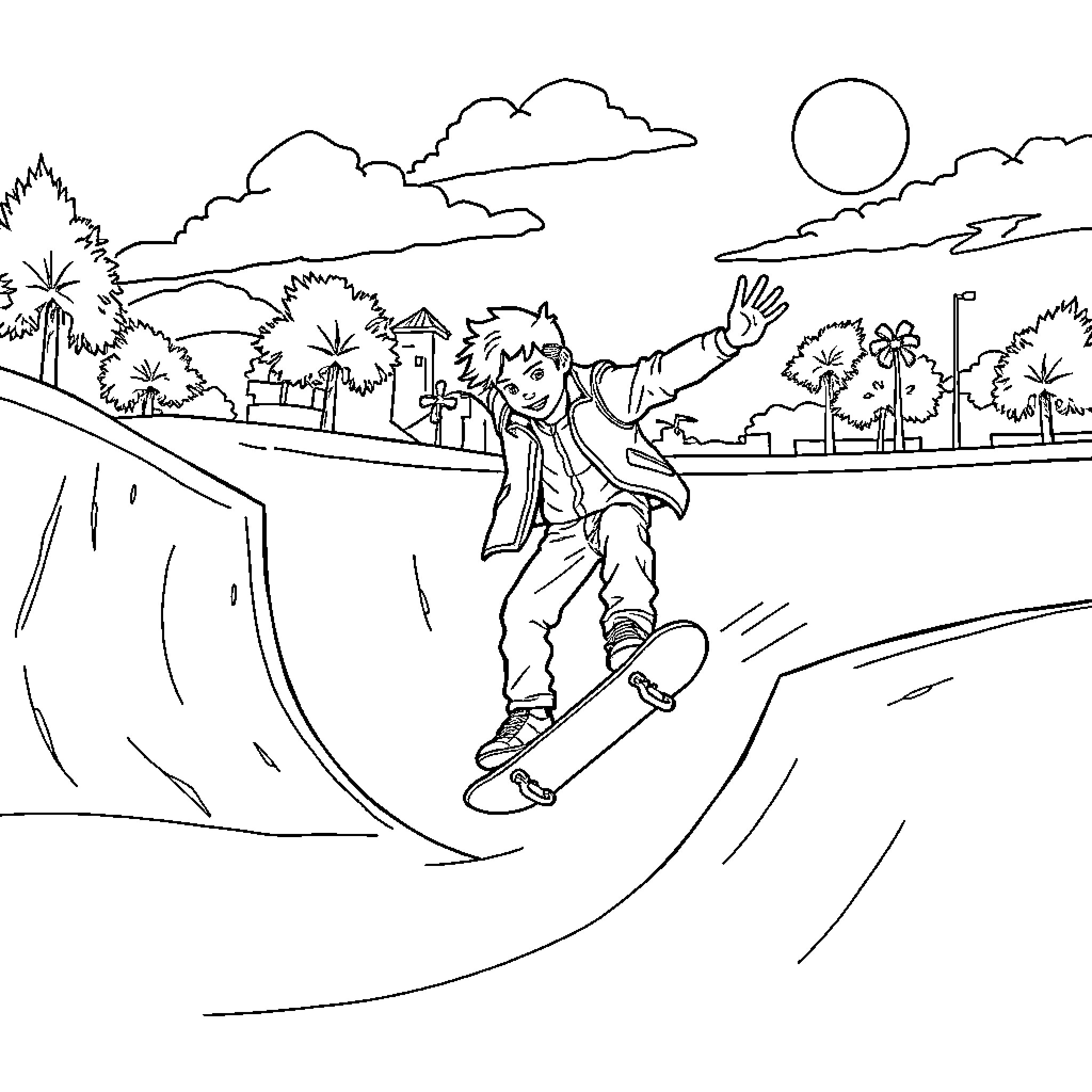 Marty McFly skateboarding through a scenic landscape Coloring Page (free black-and-white line drawing printable PDF for all, from beginners to advanced learners, including children, teens, adults, and seniors)