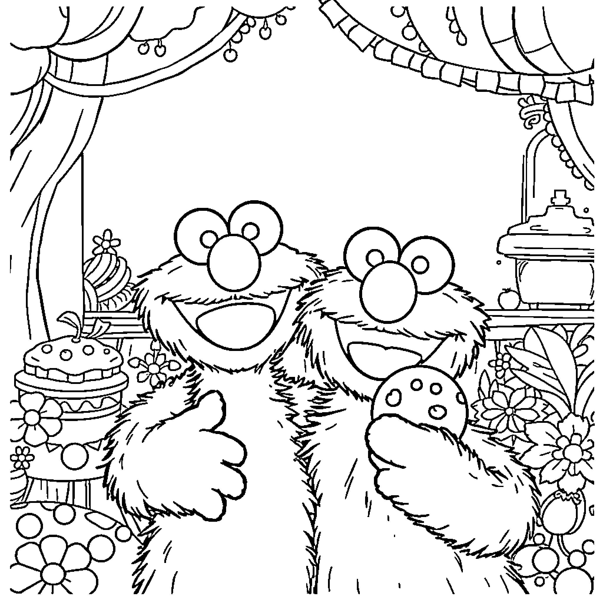Elmo and friends celebrate with decorations and festivities Coloring Page (free black-and-white line drawing printable PDF for all, from beginners to advanced learners, including children, teens, adults, and seniors)