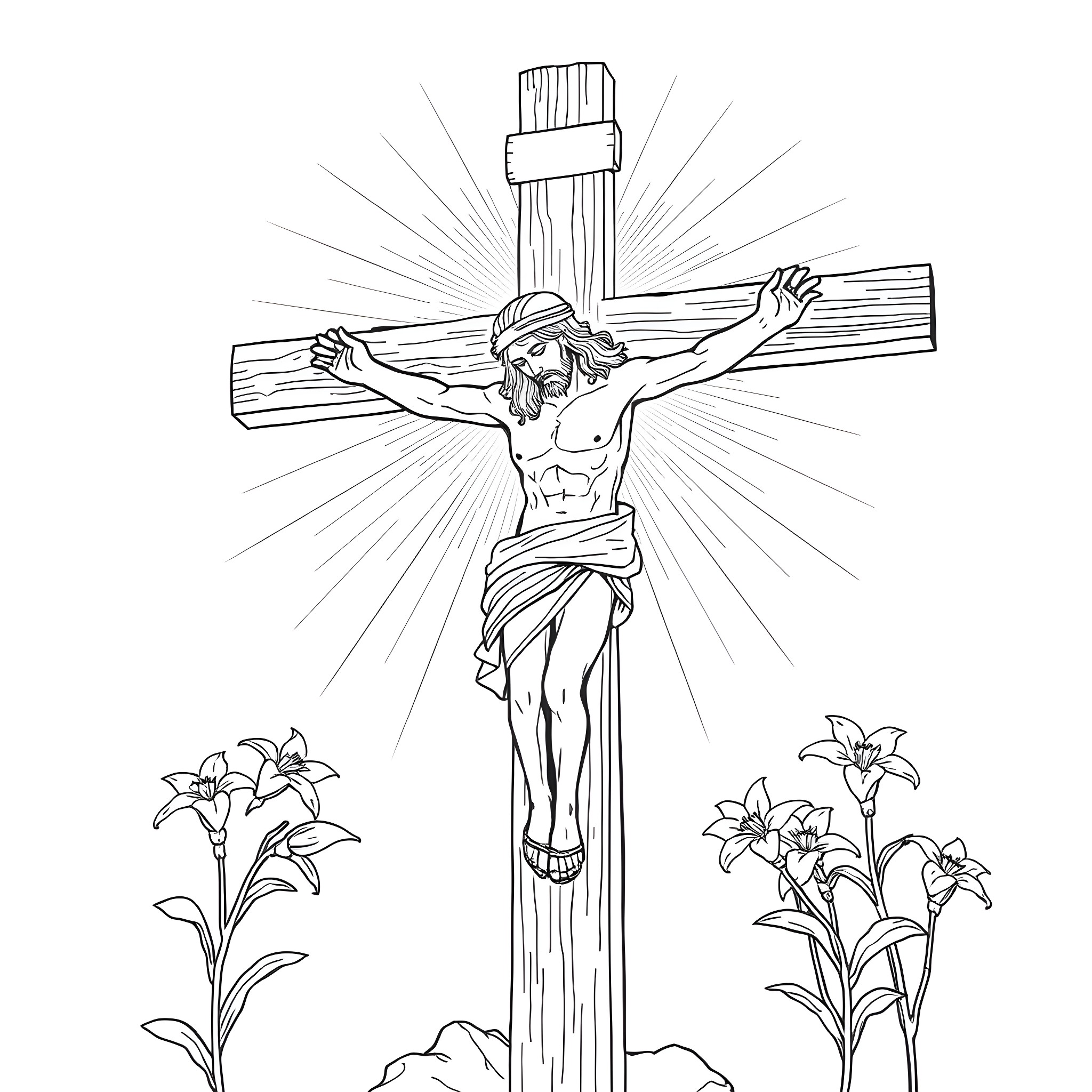 Crucifix of a Man Suffering on the Cross Coloring Page (free black-and-white line drawing printable PDF for all, from beginners to advanced learners, including children, teens, adults, and seniors)