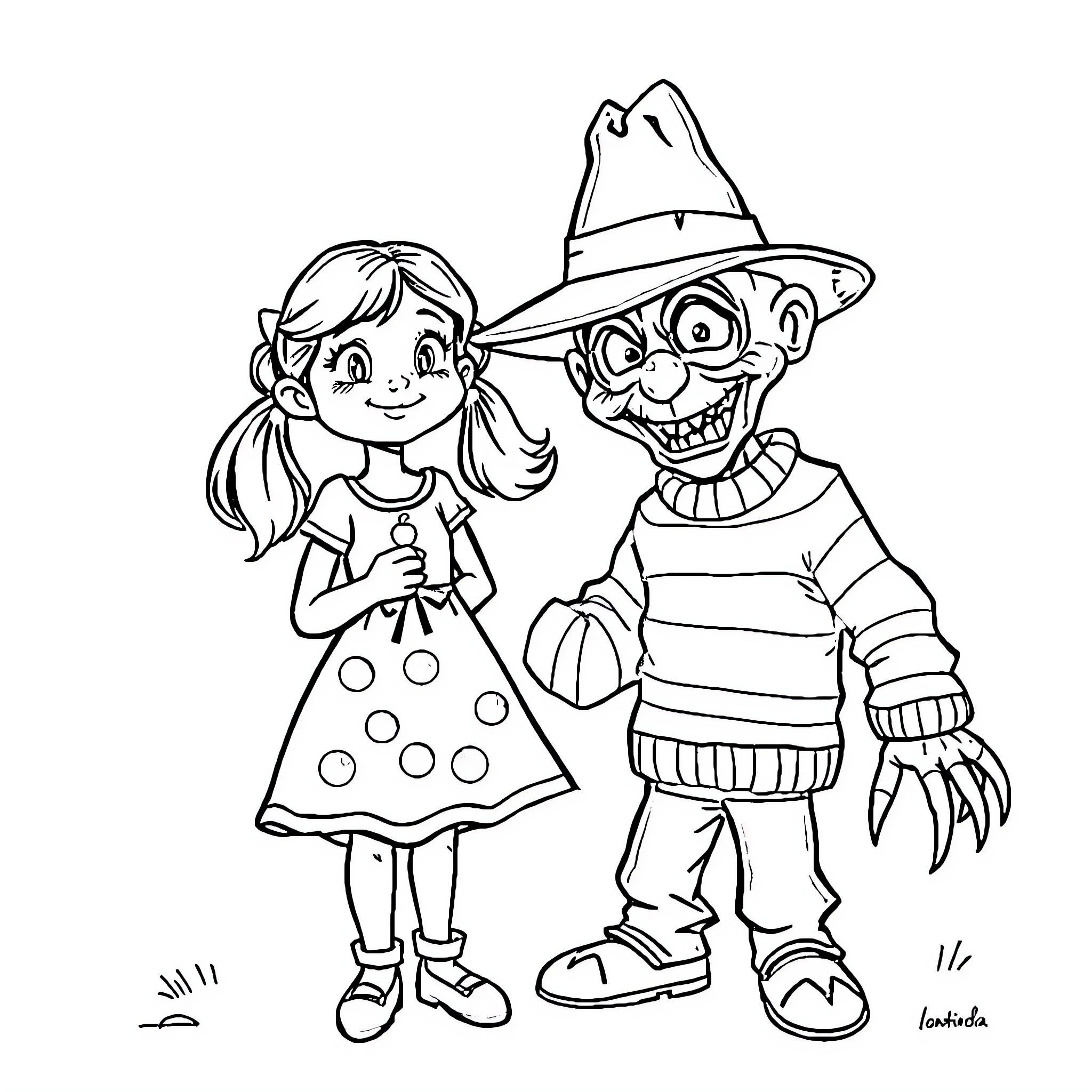 Chilindrina and her Whimsical Companion Coloring Page (free black-and-white line drawing printable PDF for all, from beginners to advanced learners, including children, teens, adults, and seniors)