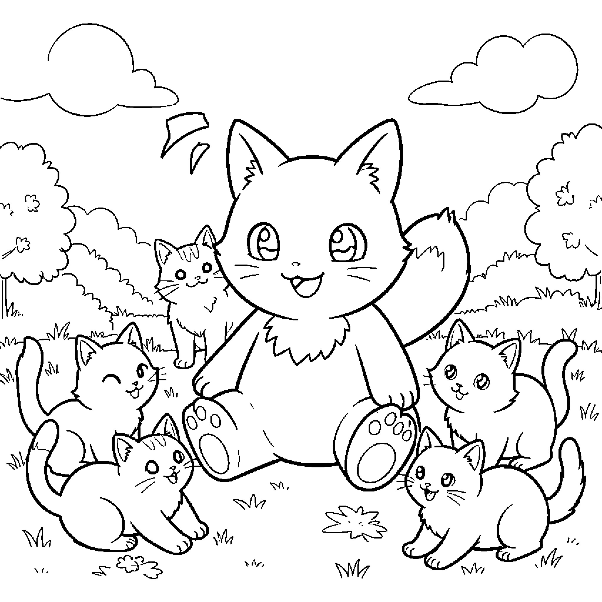 Gabumon and a group of playful kittens Coloring Page (free black-and-white line drawing printable PDF for all, from beginners to advanced learners, including children, teens, adults, and seniors)