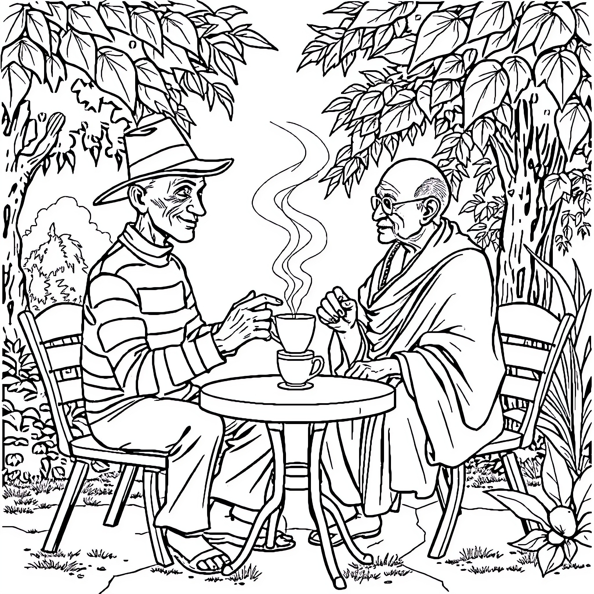 Freddy Krueger Sharing a Casual Conversation with Elder Coloring Page (free black-and-white line drawing printable PDF for all, from beginners to advanced learners, including children, teens, adults, and seniors)